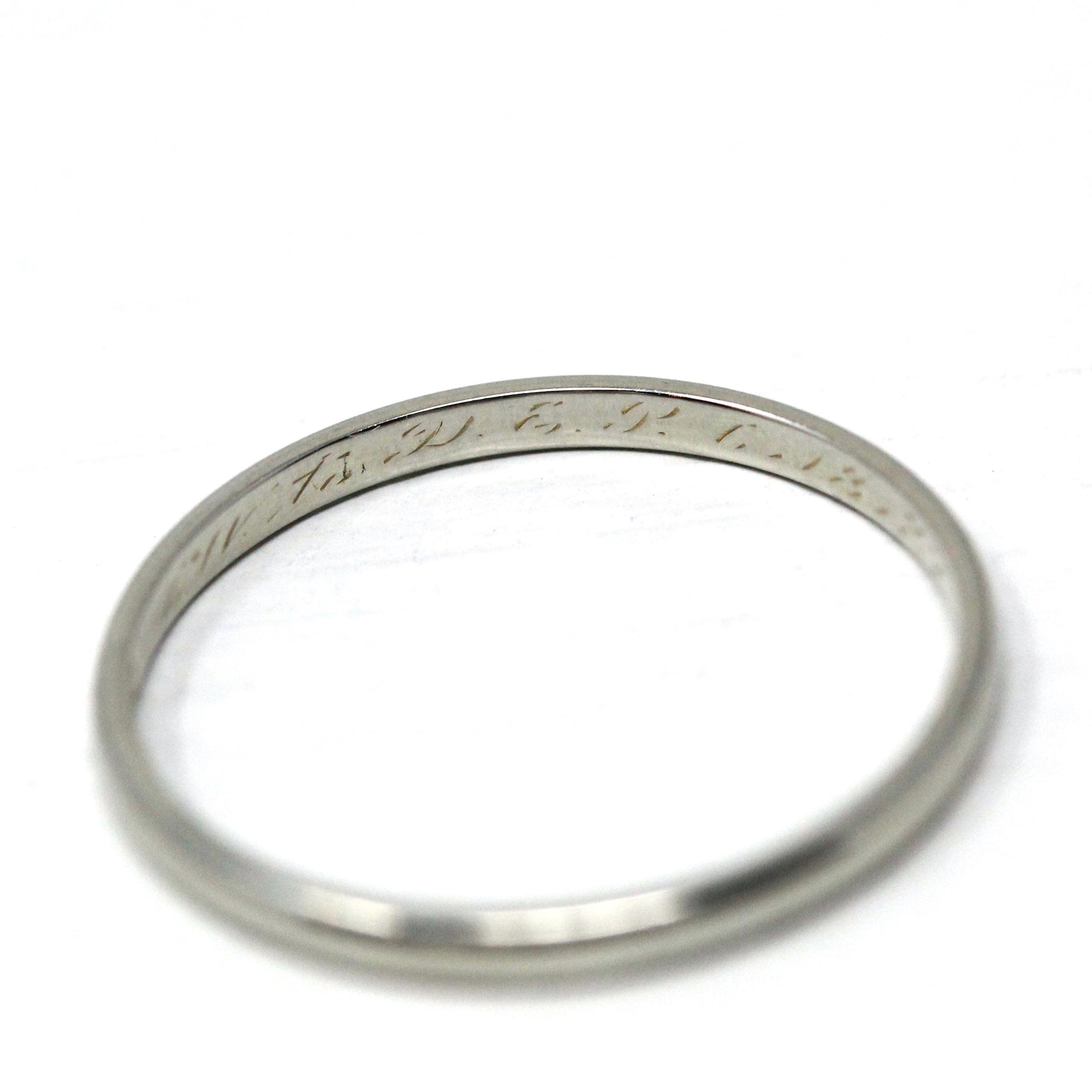 Dated 1927 Band - Art Deco 19k White Gold Hand Engraved Inscribed Wedding Ring - Antique Size 7 Circa 1920s Stacking Unisex Fine 20s Jewelry