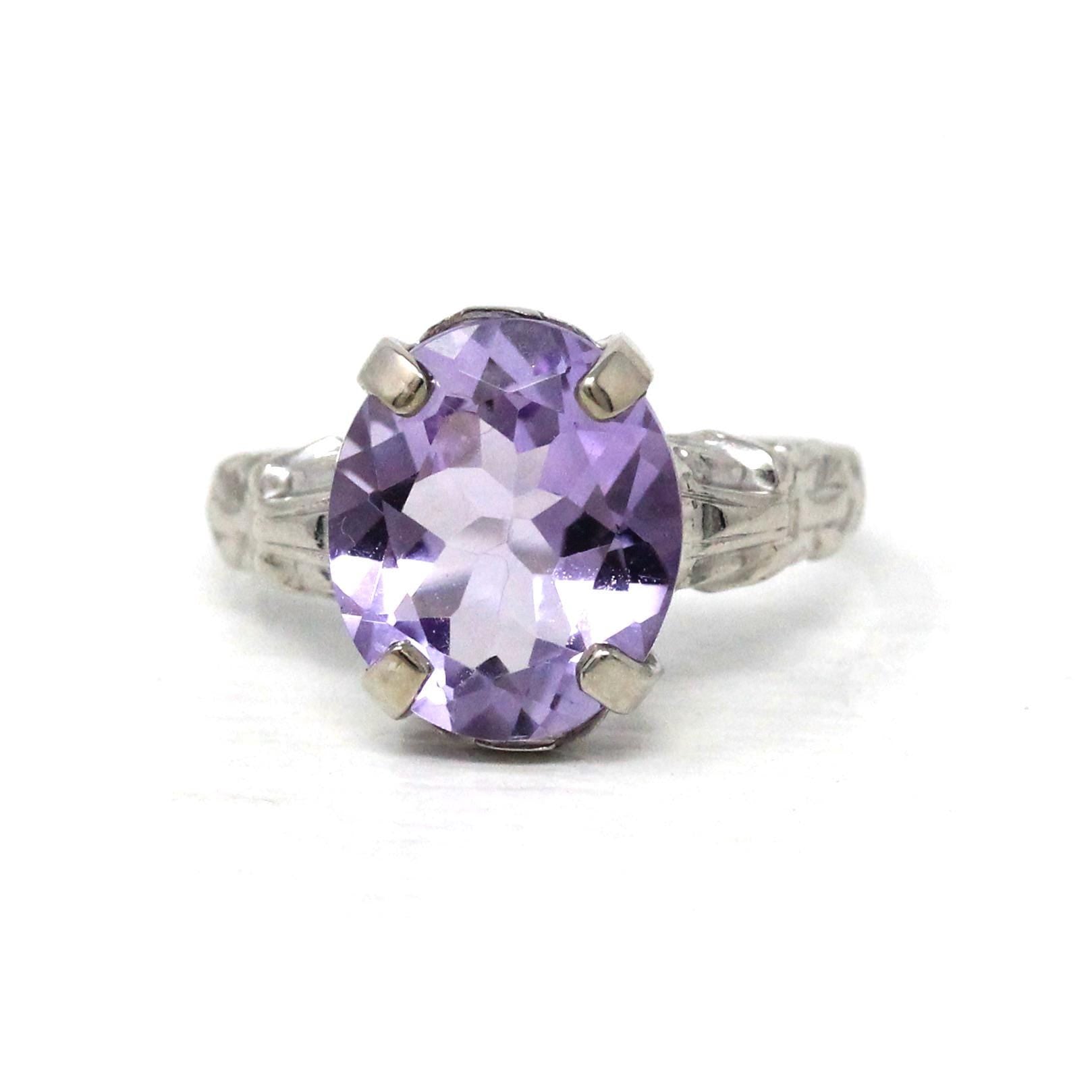 Art Deco Amethyst Ring - Vintage 14k White Gold Diamonds & Natural Purple Gemstone - Circa 1930s Size 6 1/2 February Birthstone Fine Jewelry