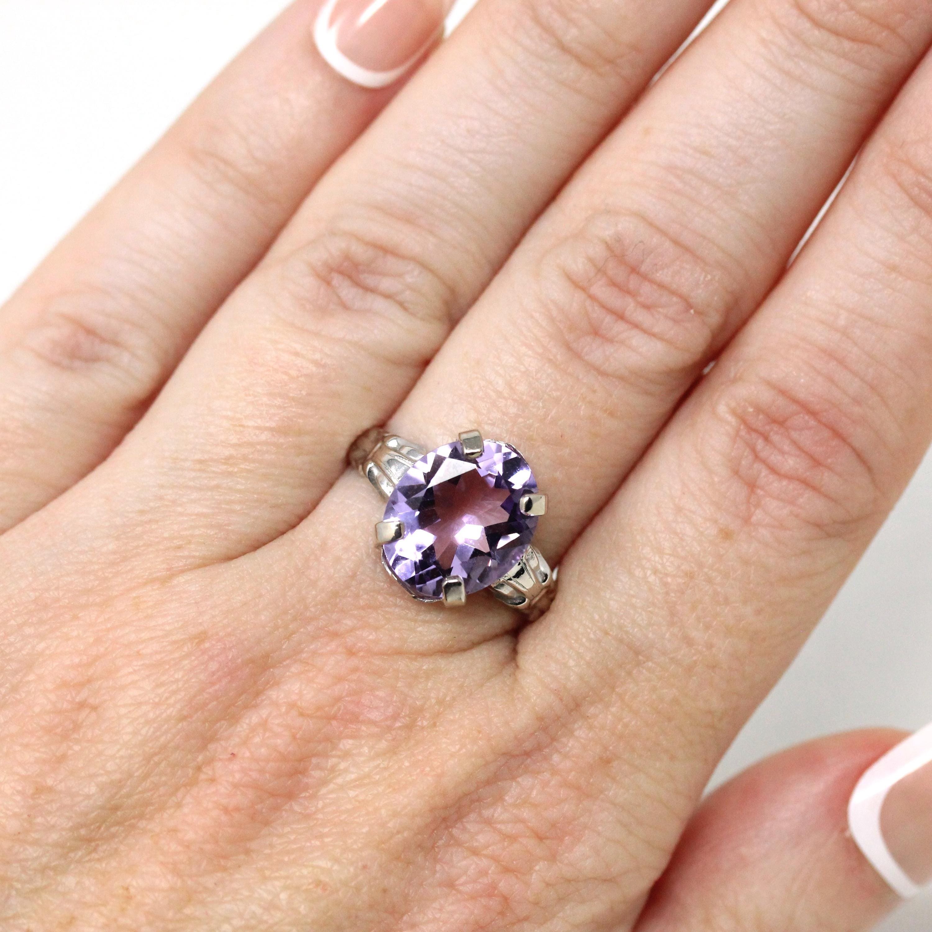 Art Deco Amethyst Ring - Vintage 14k White Gold Diamonds & Natural Purple Gemstone - Circa 1930s Size 6 1/2 February Birthstone Fine Jewelry