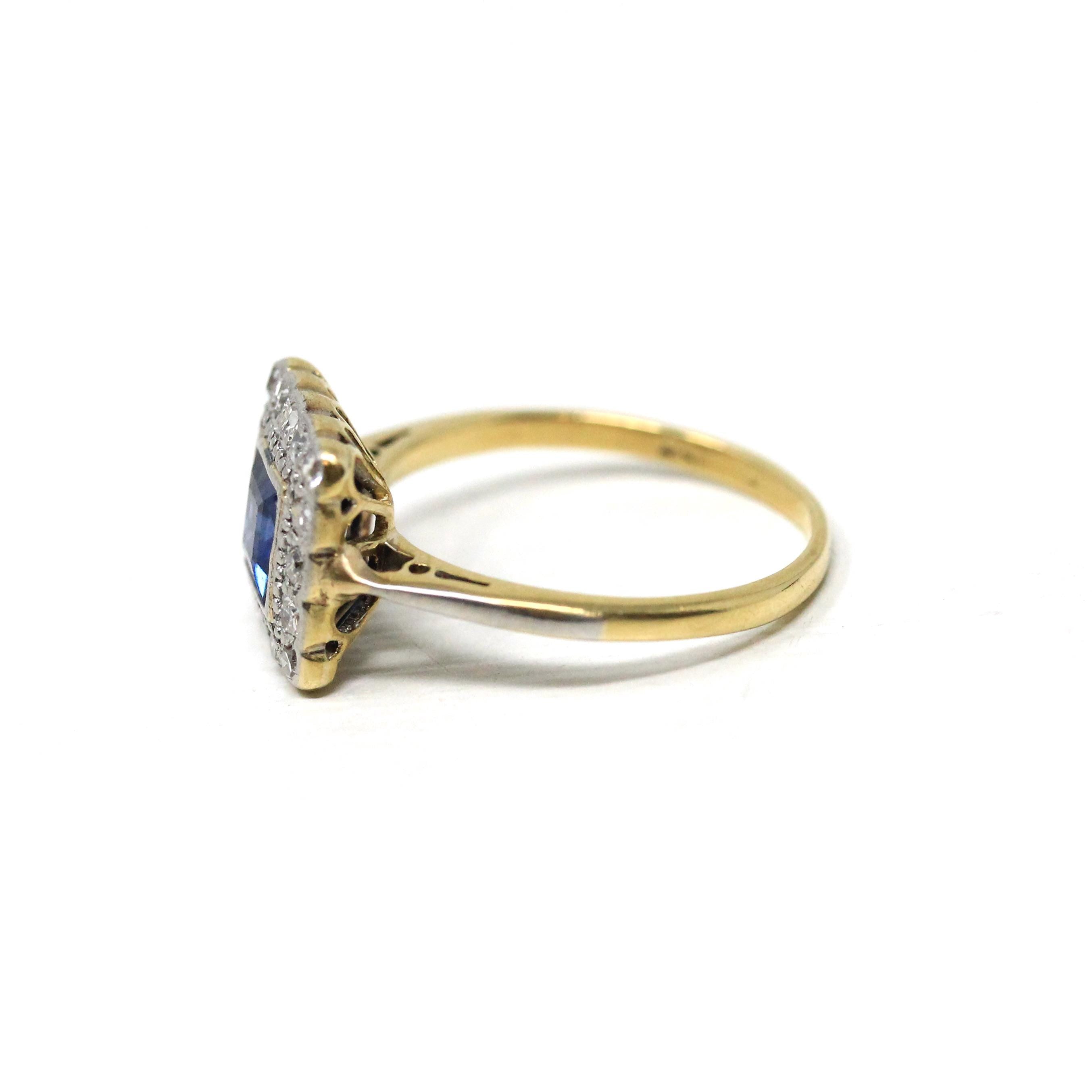 Vintage Engagement Ring - Mid Century 18k Yellow Gold & Platinum Natural Sapphire Diamond Square Halo - Size 3 1/4 Fine Engagement Jewelry