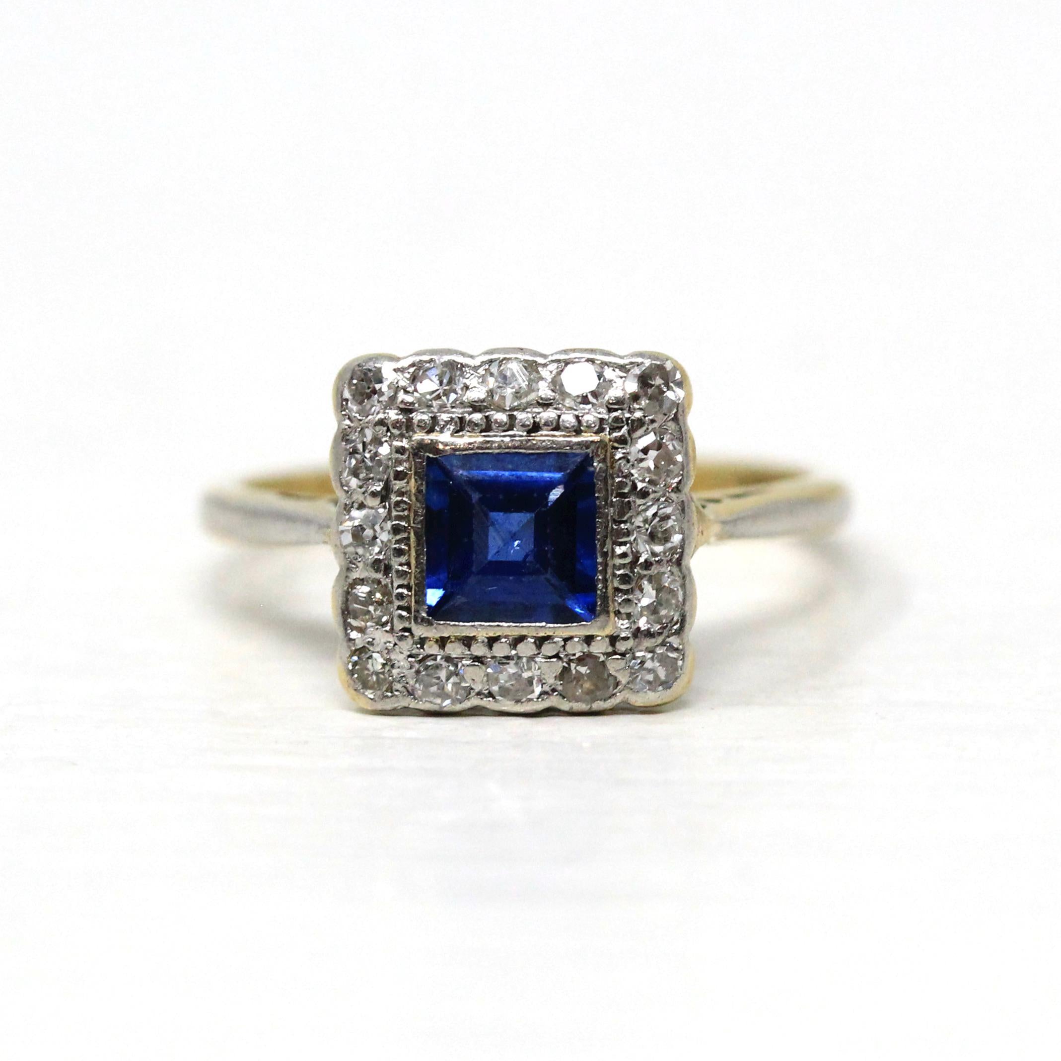 Vintage Engagement Ring - Mid Century 18k Yellow Gold & Platinum Natural Sapphire Diamond Square Halo - Size 3 1/4 Fine Engagement Jewelry