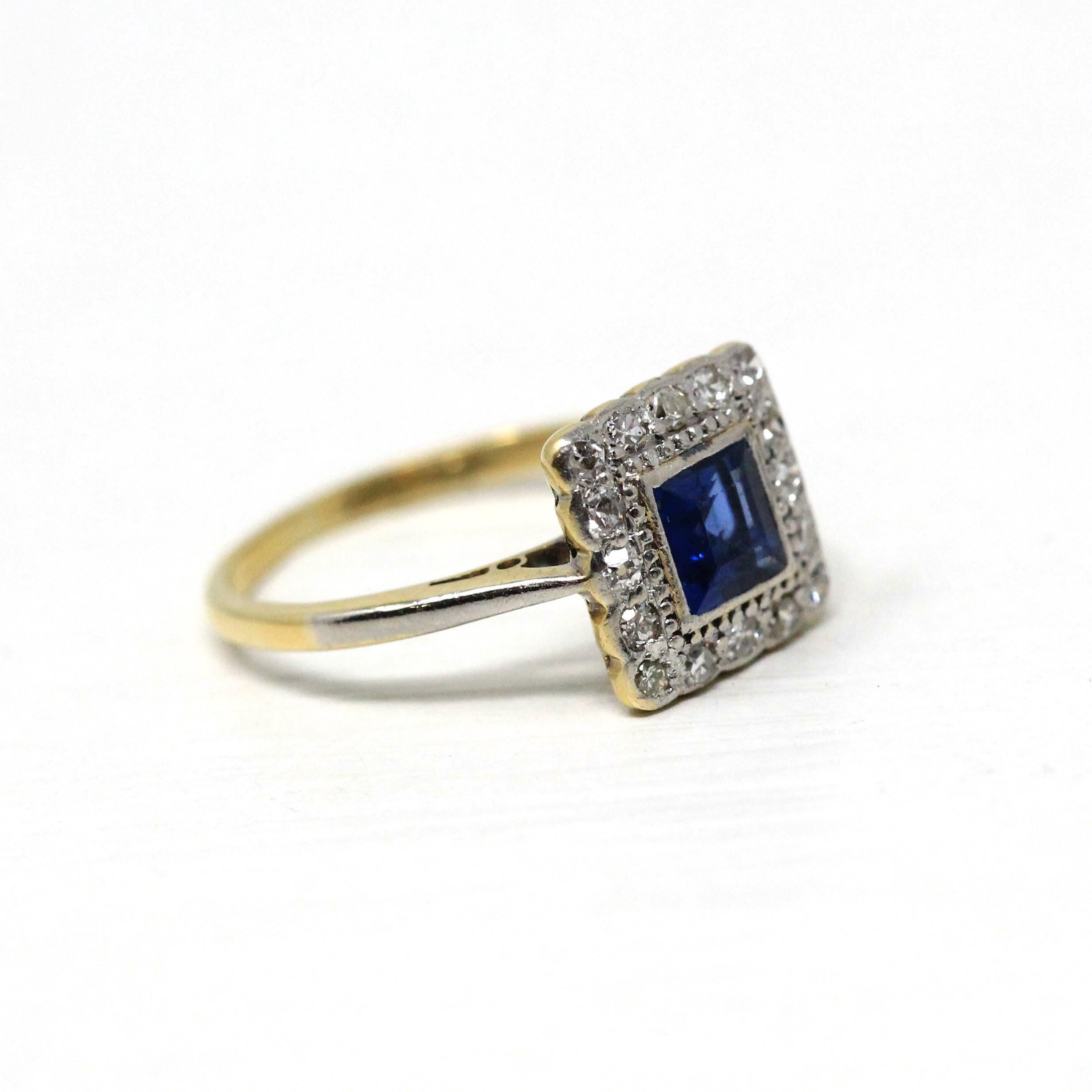 Vintage Engagement Ring - Mid Century 18k Yellow Gold & Platinum Natural Sapphire Diamond Square Halo - Size 3 1/4 Fine Engagement Jewelry
