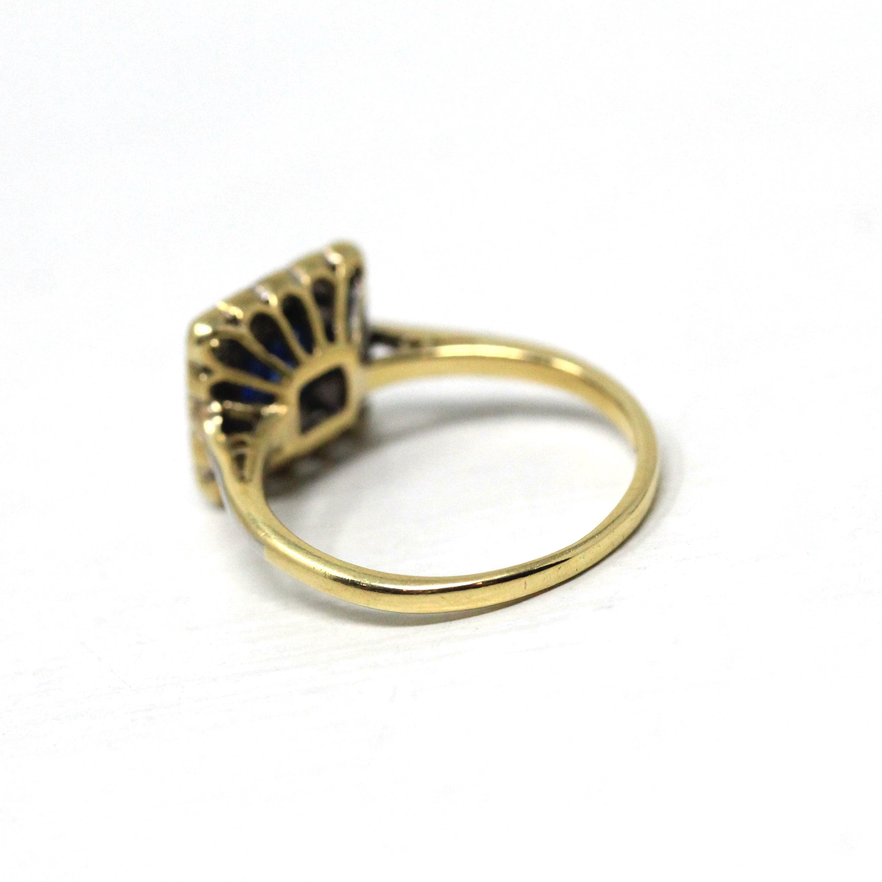 Vintage Engagement Ring - Mid Century 18k Yellow Gold & Platinum Natural Sapphire Diamond Square Halo - Size 3 1/4 Fine Engagement Jewelry