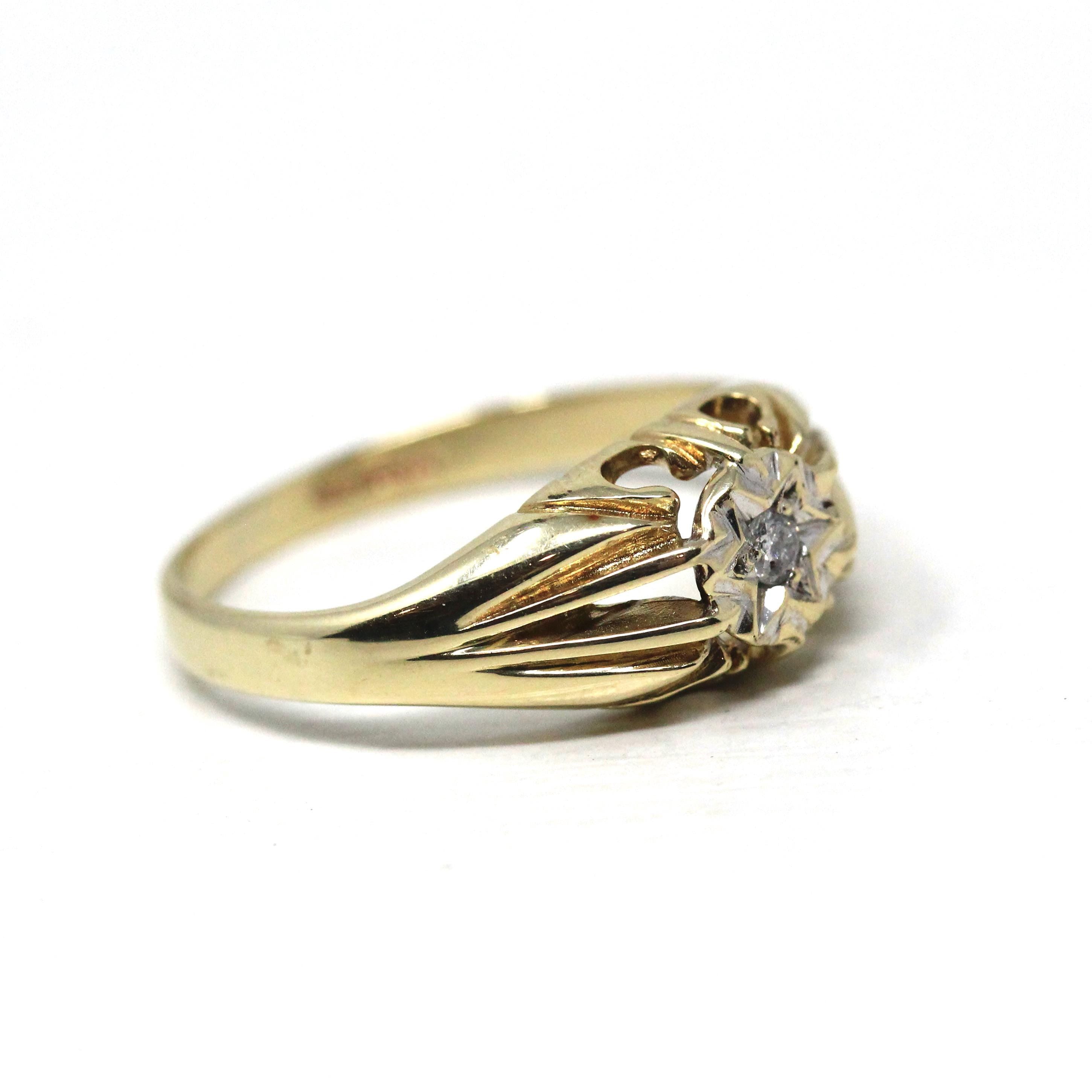 Star Diamond Ring - Modern Estate 9k Yellow Gold Natural .05 CT Gemstone Ring - Vintage Circa 1990s Size 8 Celestial Fine Bridal Jewelry