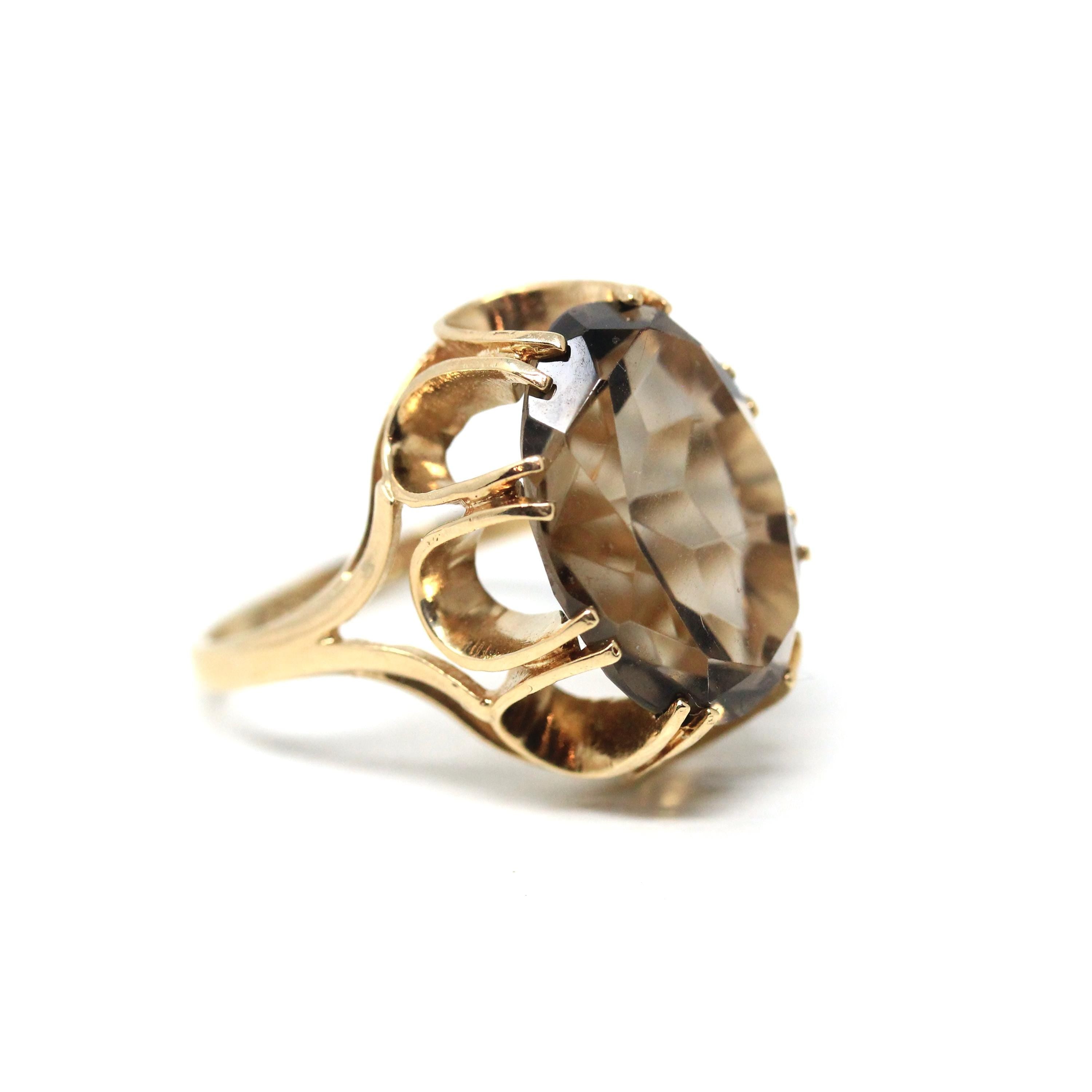 Vintage Smoky Quartz Ring - Retro 9k Yellow Gold Oval Cut Natural Brown Gemstone - Birmingham Hallmarked 1970s Era Size 7 3/4 Fine Jewelry