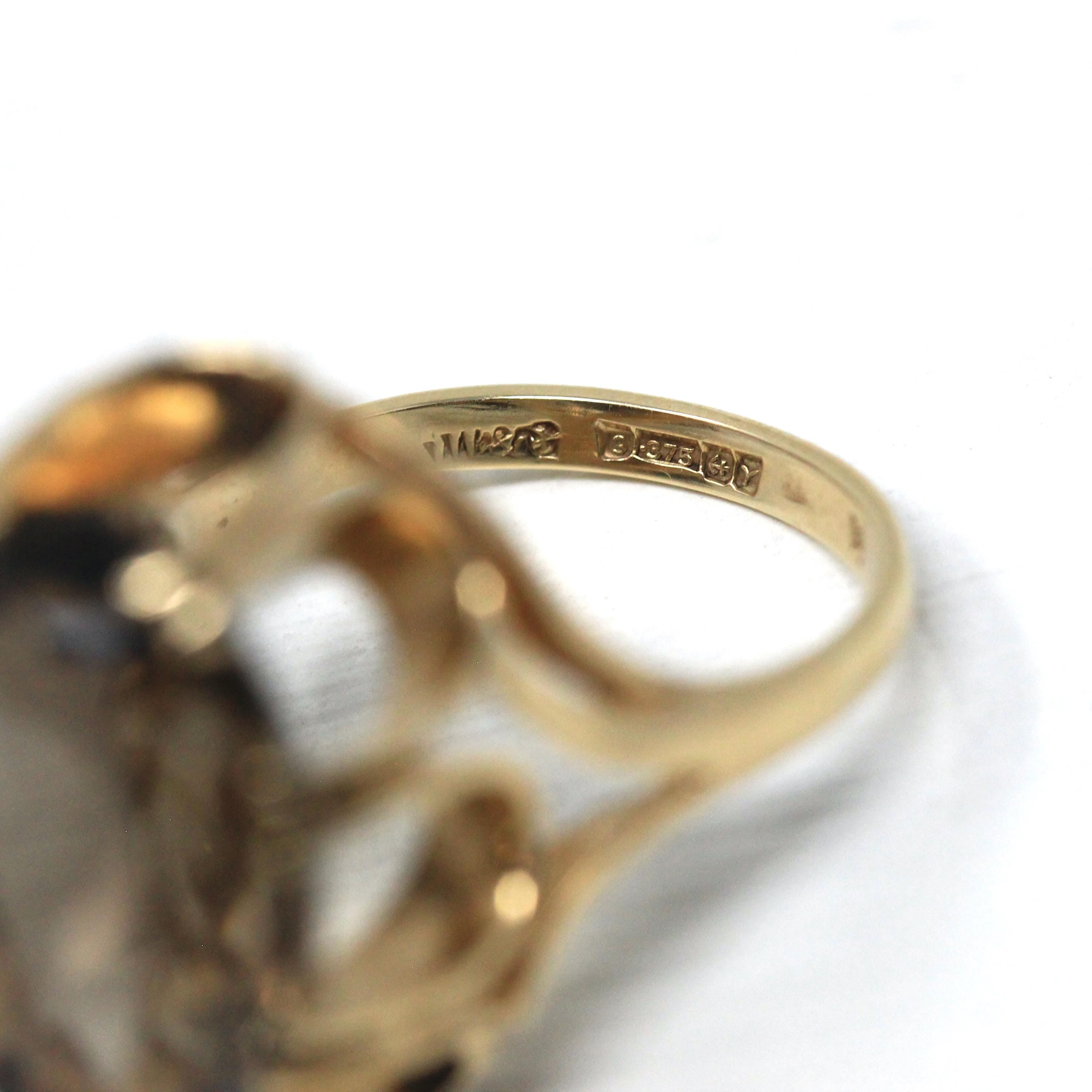 Vintage Smoky Quartz Ring - Retro 9k Yellow Gold Oval Cut Natural Brown Gemstone - Birmingham Hallmarked 1970s Era Size 7 3/4 Fine Jewelry