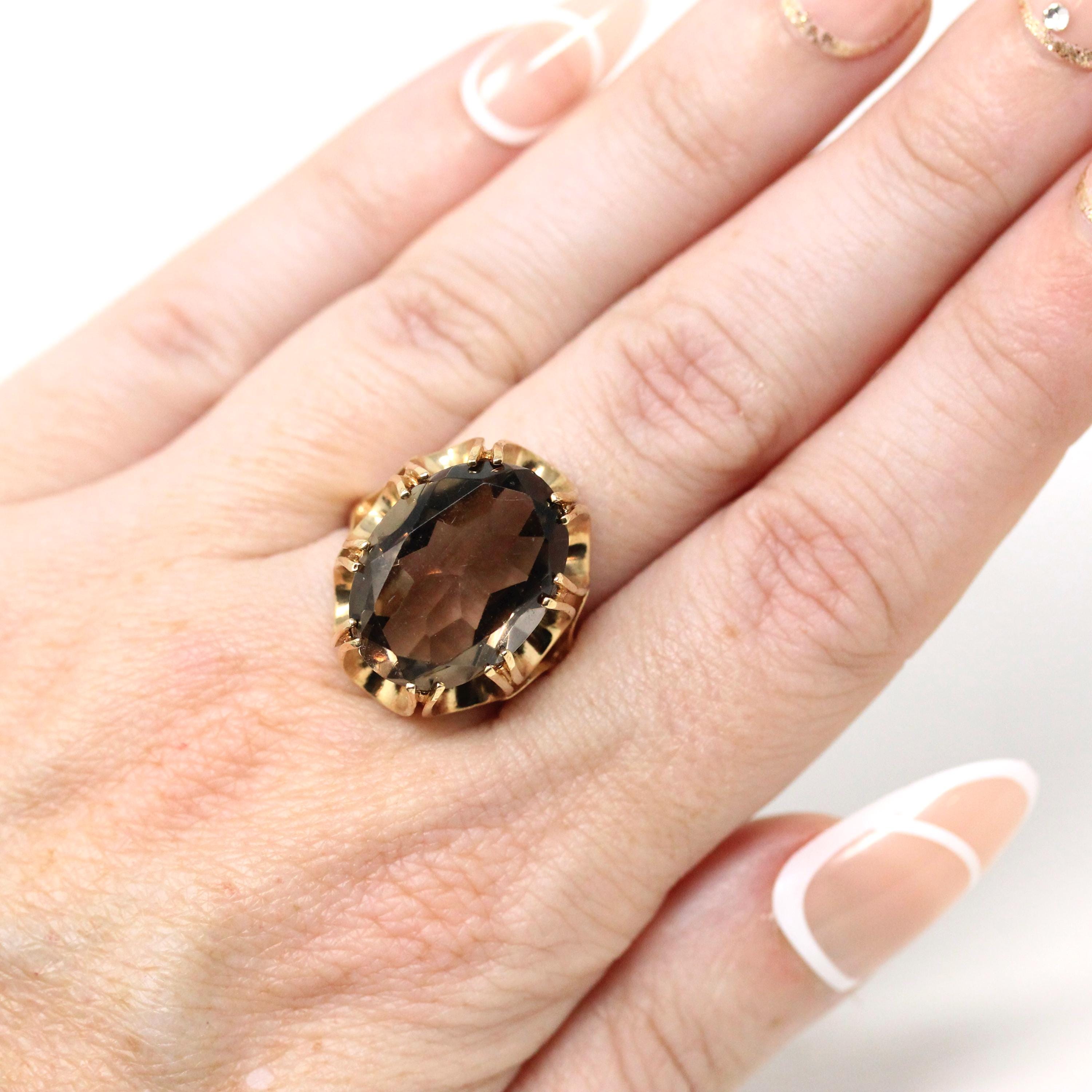 Vintage Smoky Quartz Ring - Retro 9k Yellow Gold Oval Cut Natural Brown Gemstone - Birmingham Hallmarked 1970s Era Size 7 3/4 Fine Jewelry