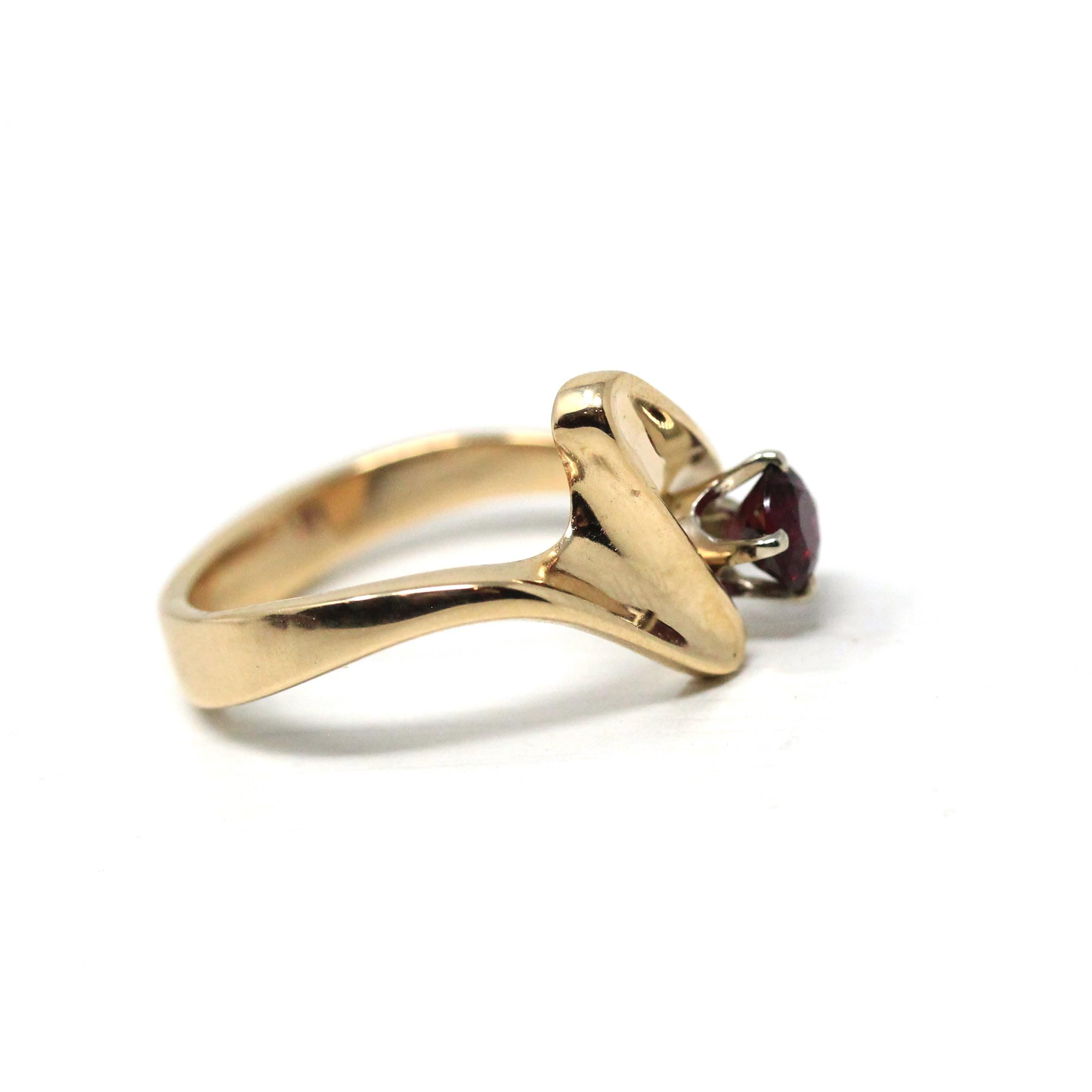 Vintage Garnet Ring - Retro 14k Yellow Gold Round Cut Red Gem Asymmetrical - 1970s Era Size 6 1/2 January Birthstone Fine Statement Jewelry
