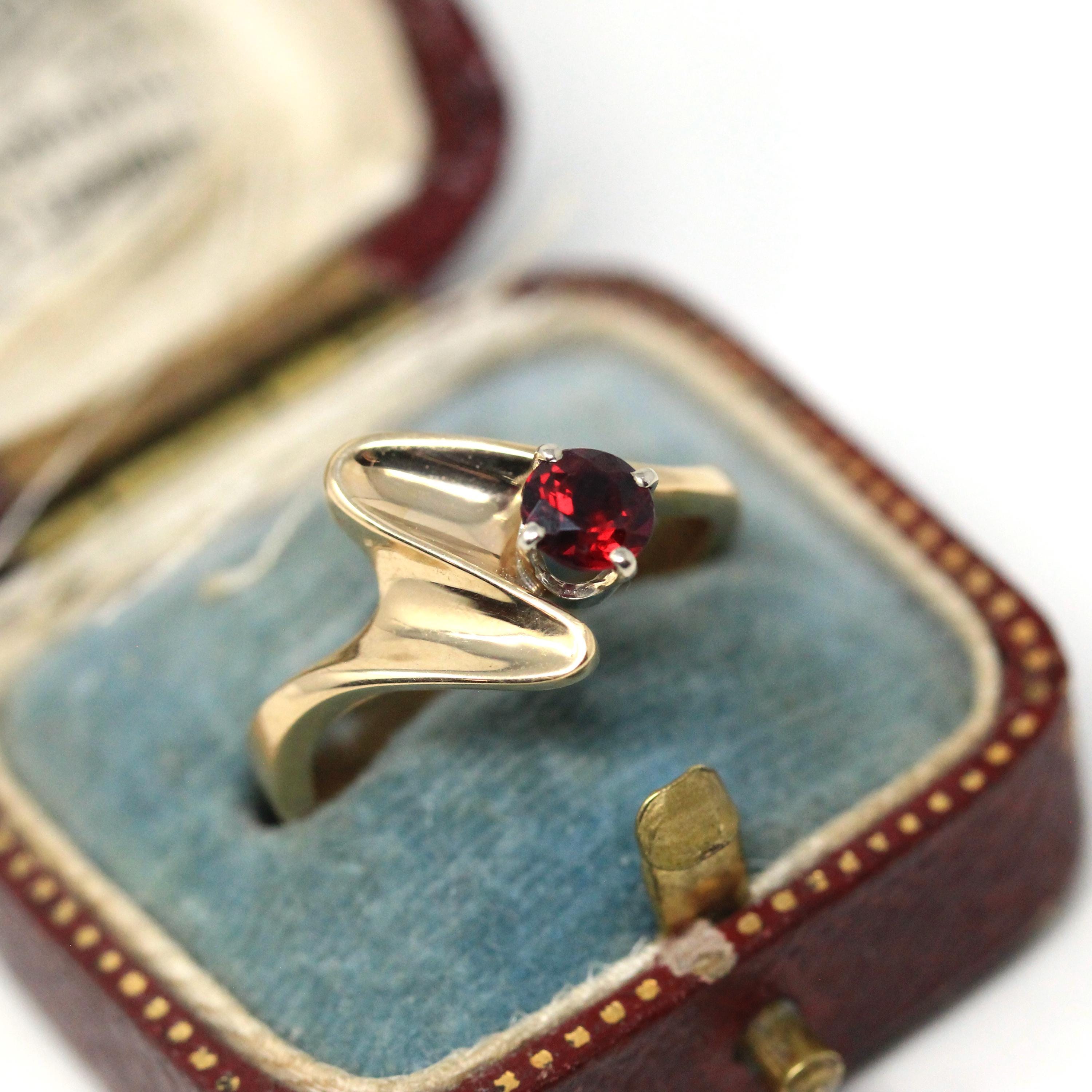 Vintage Garnet Ring - Retro 14k Yellow Gold Round Cut Red Gem Asymmetrical - 1970s Era Size 6 1/2 January Birthstone Fine Statement Jewelry