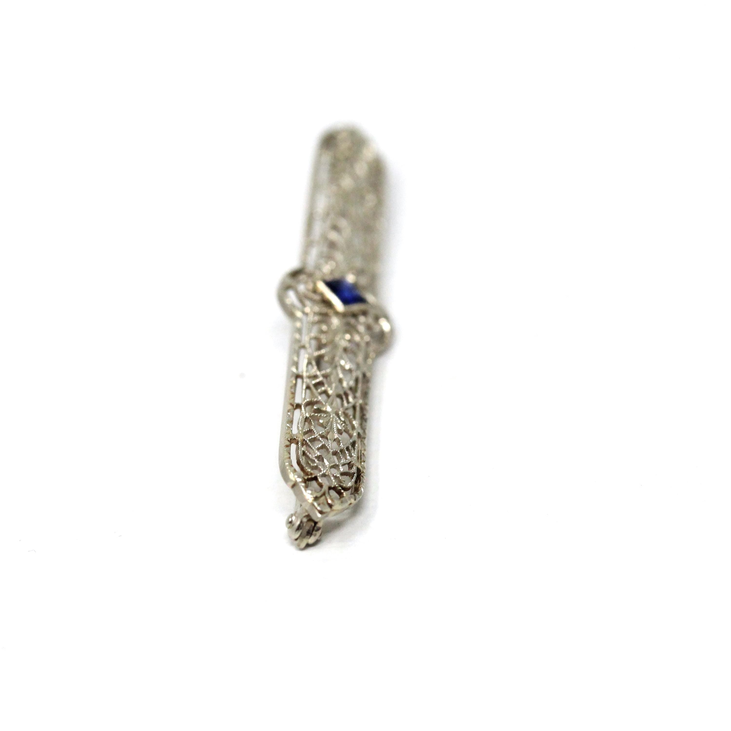 Art Deco Brooch - Vintage 10k White Gold Created Blue Sapphire Stone Pin - Circa 1930s Era Filigree Fashion Accessory Fine Jewelry