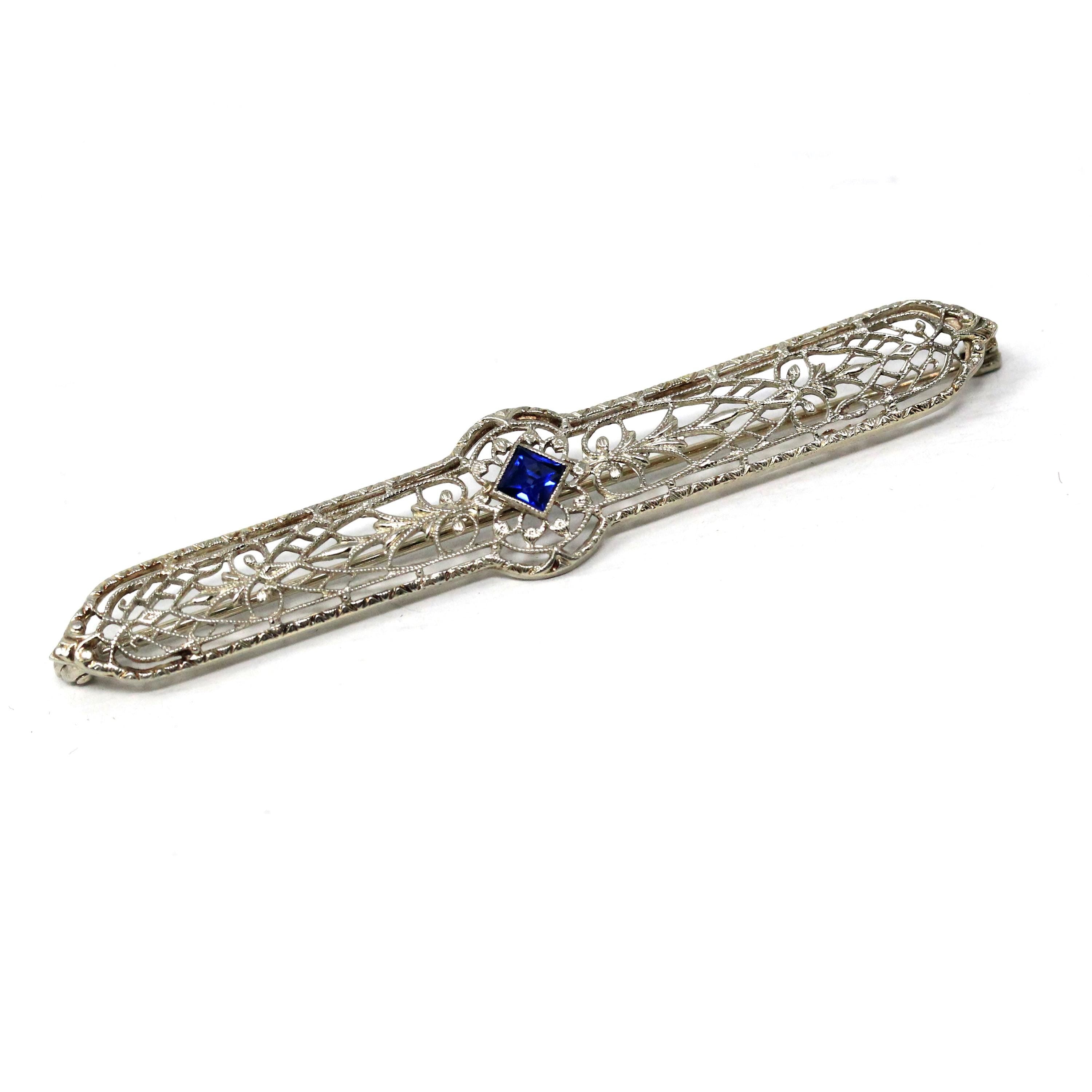 Art Deco Brooch - Vintage 10k White Gold Created Blue Sapphire Stone Pin - Circa 1930s Era Filigree Fashion Accessory Fine Jewelry