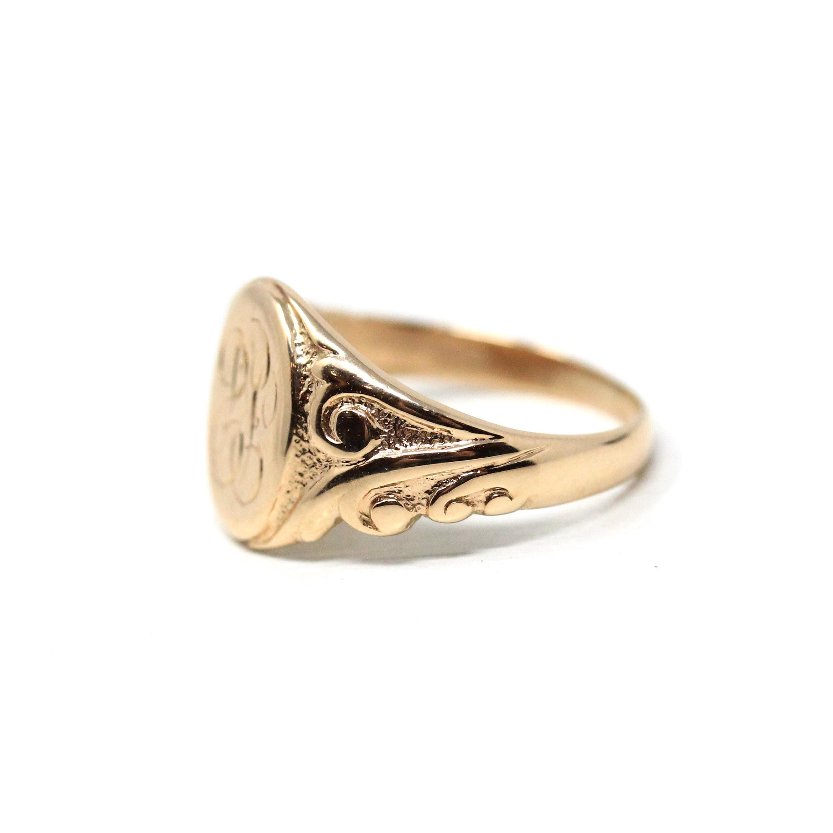 Edwardian Signet Ring - Antique 10k Rosy Yellow Gold RP Engraved Monogram Initials - Art Nouveau 1910s Era Size 4 1/2 Fine Scroll Jewelry