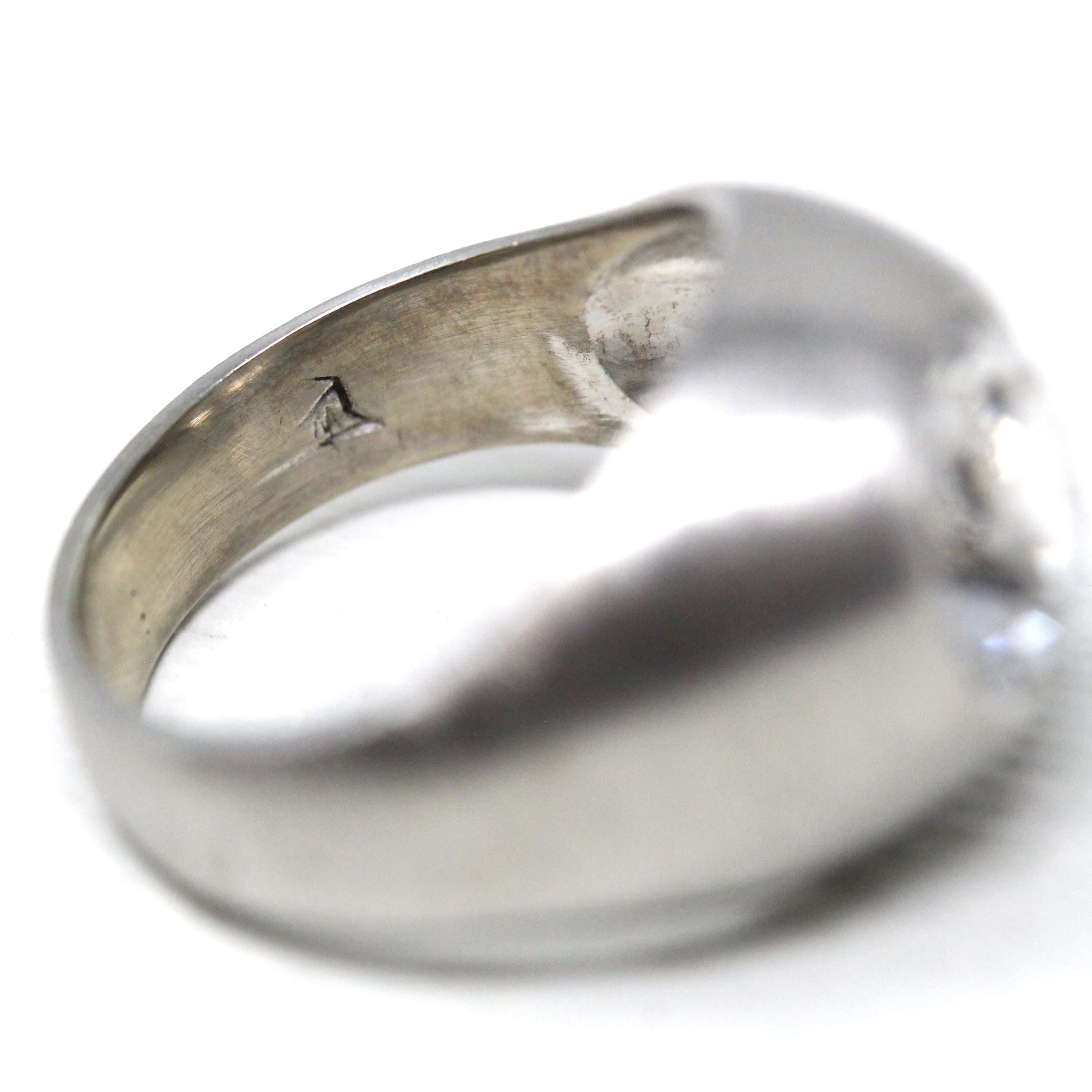 Created White Spinel Ring - Retro 10k White Gold Chunky Statement - Vintage 1960s Era Size 4 1/2 Men's Unisex Brushed Finish Fine Jewelry