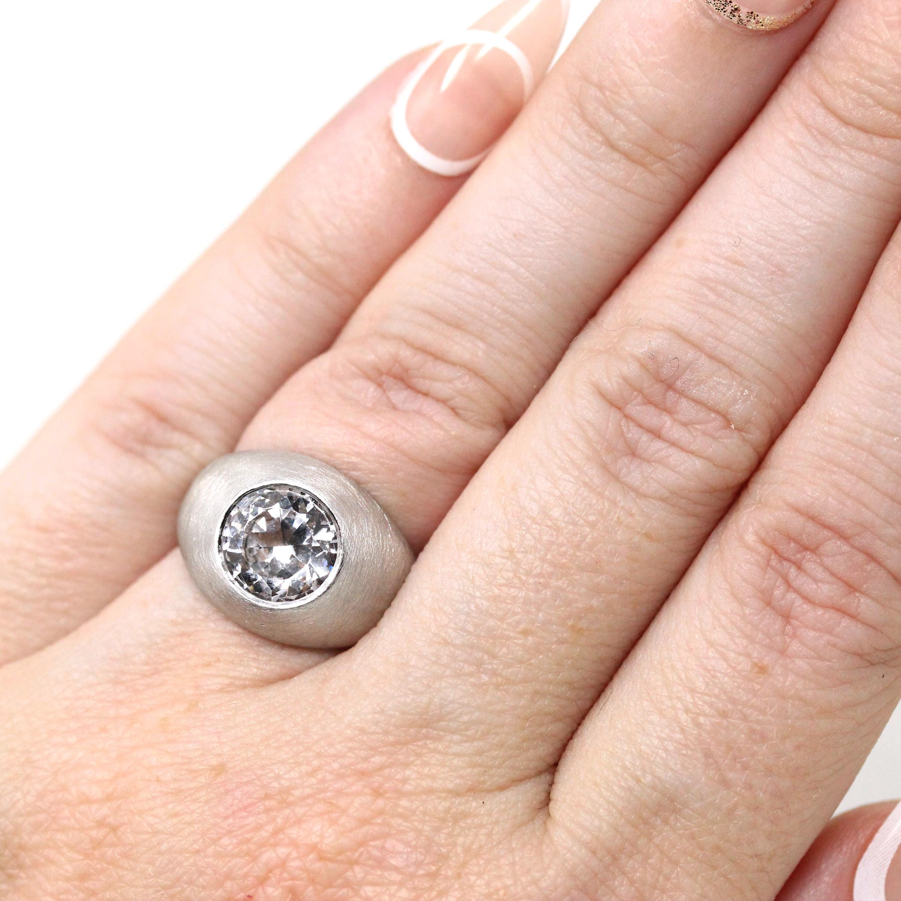 Created White Spinel Ring - Retro 10k White Gold Chunky Statement - Vintage 1960s Era Size 4 1/2 Men's Unisex Brushed Finish Fine Jewelry