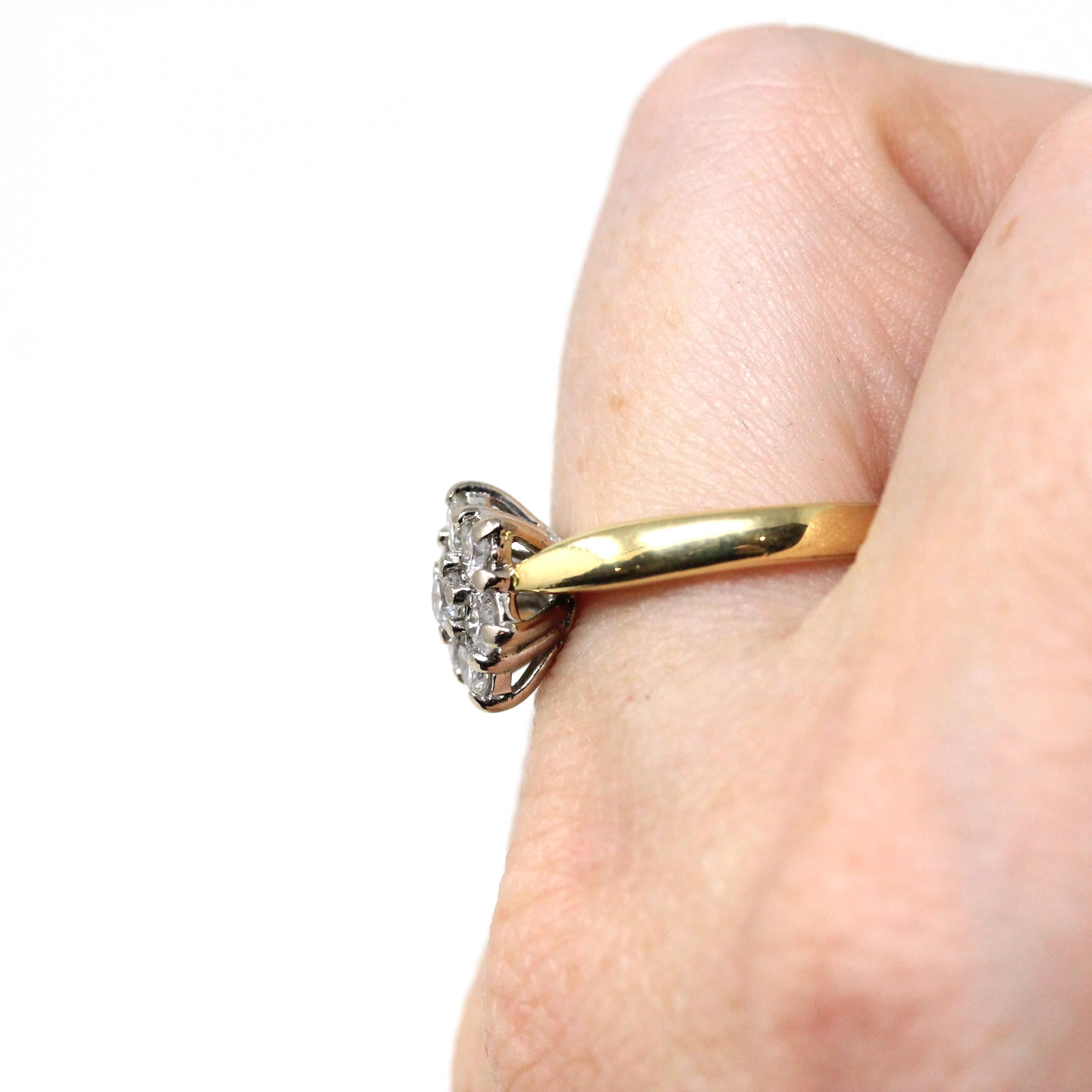 Diamond Snowflake Ring - Estate 18k Gold Natural Gemstone Cluster - Modern 1990s Size 6 3/4 Engagement Bridal Halo Fine Statement Jewelry