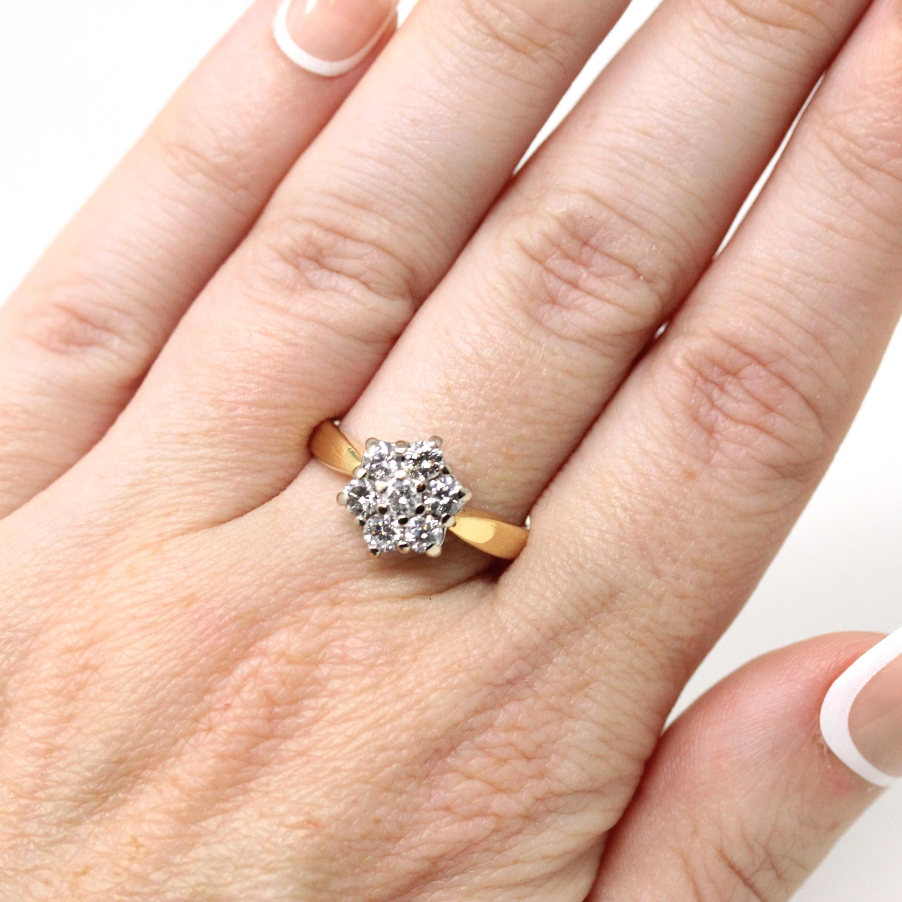 Diamond Snowflake Ring - Estate 18k Gold Natural Gemstone Cluster - Modern 1990s Size 6 3/4 Engagement Bridal Halo Fine Statement Jewelry