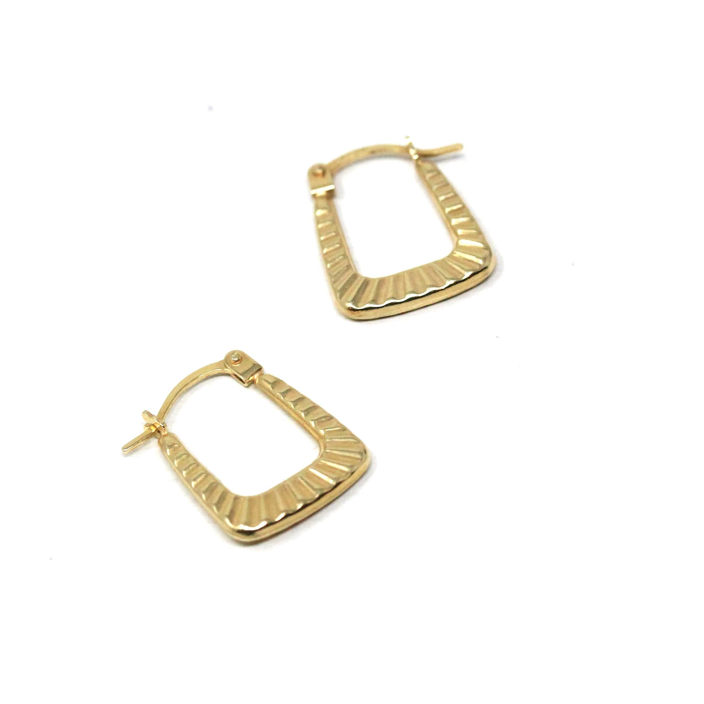 Modern Square Hoop Earrings - Estate 9k Yellow Gold Latch Lever Backs - Vintage Circa 2000's Era Etched Groove UK Statement Fine Jewelry