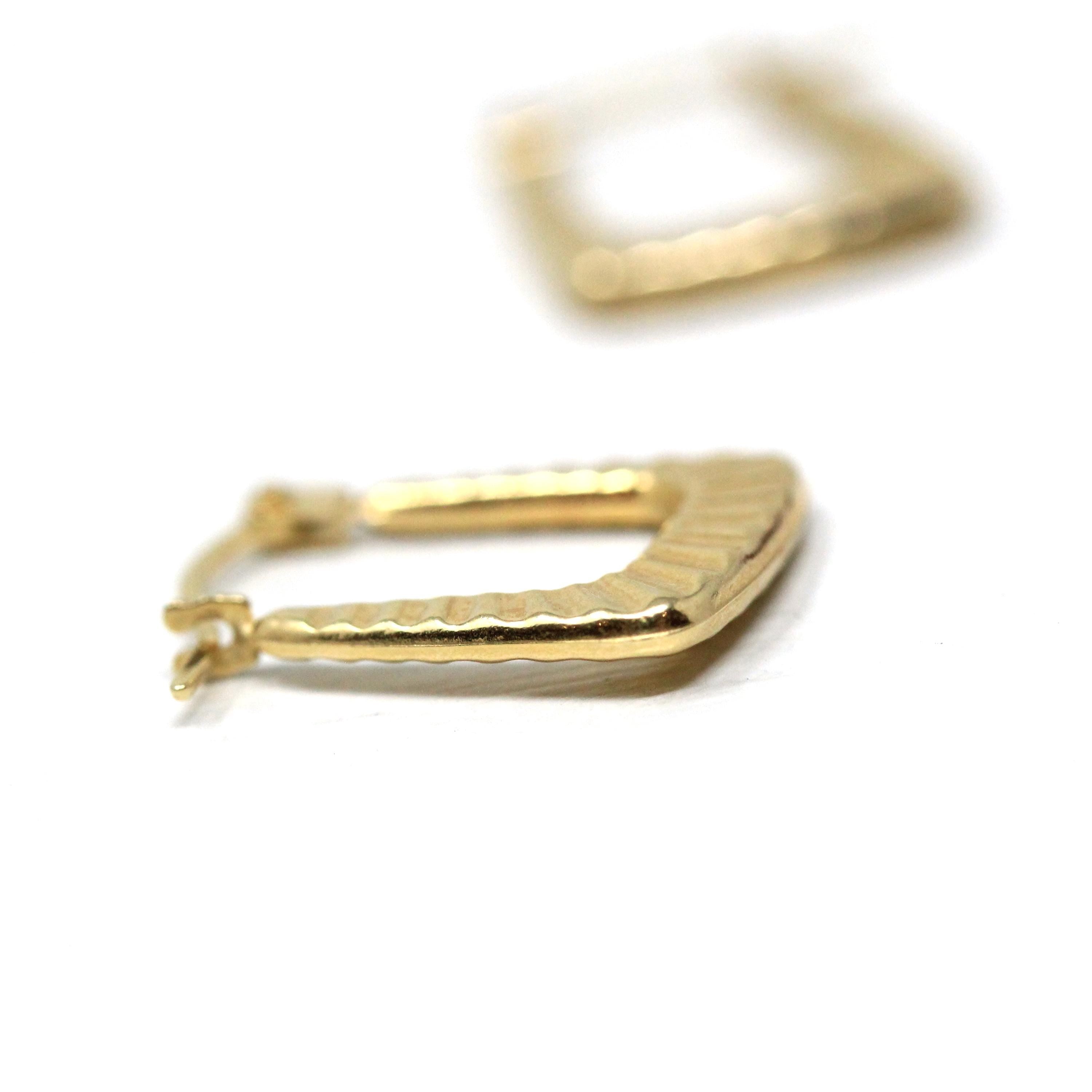 Modern Square Hoop Earrings - Estate 9k Yellow Gold Latch Lever Backs - Vintage Circa 2000's Era Etched Groove UK Statement Fine Jewelry