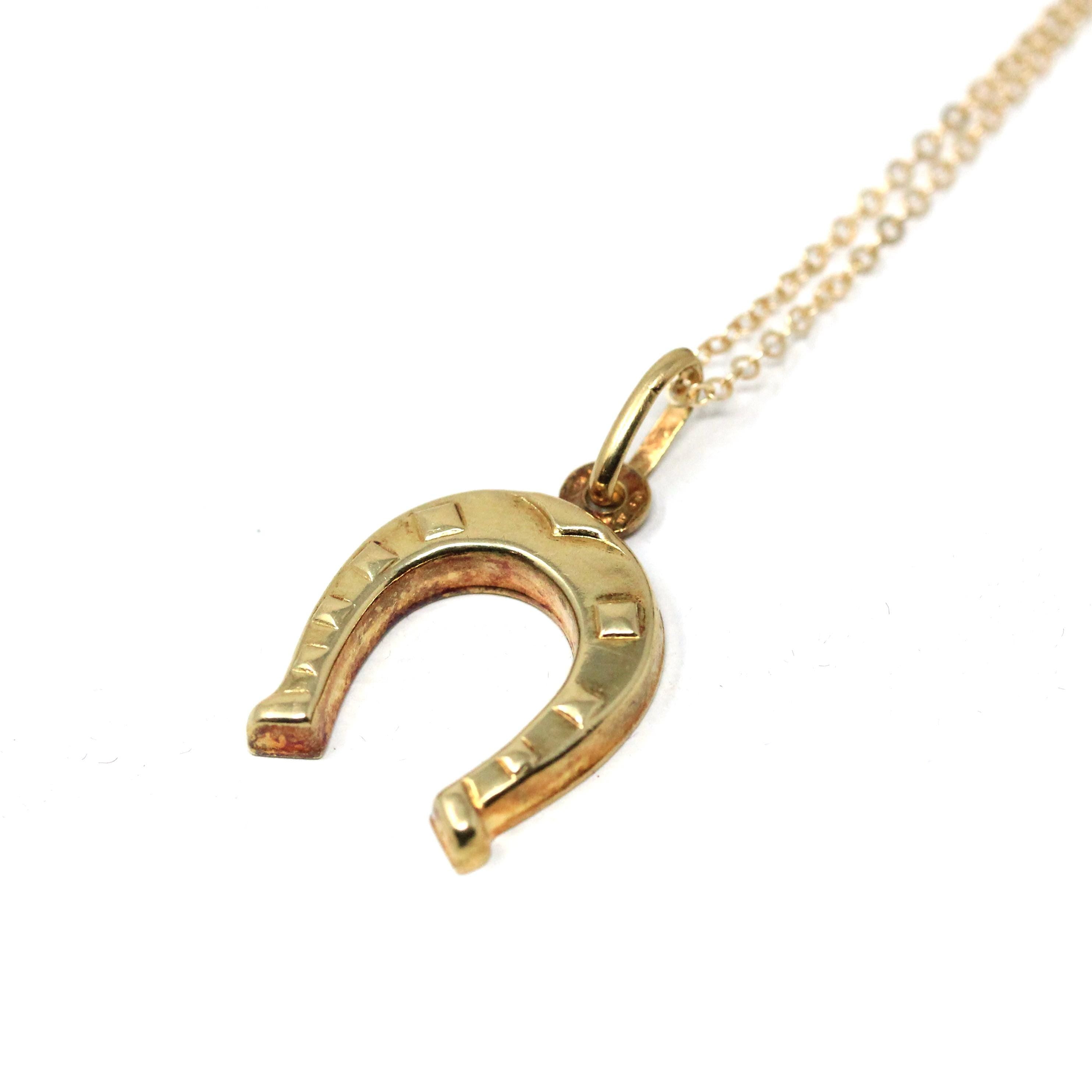 Vintage Horseshoe Pendant - Retro 18k Yellow Gold Pendant Nail Studded Necklace - Circa 1970s Era Good Luck Equestrian Horse Fine Jewelry