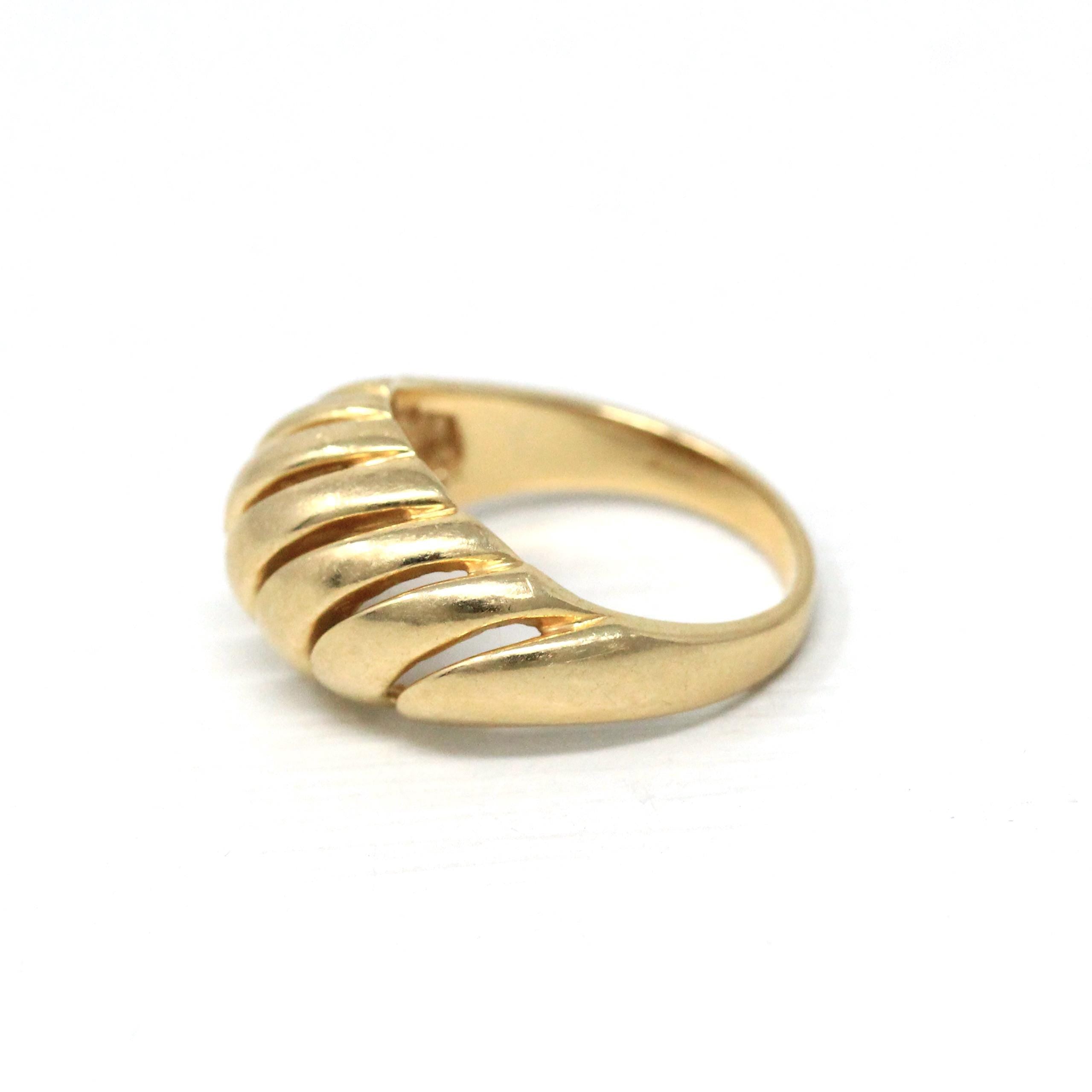 Estate Croissant Ring - Vintage 14k Yellow Gold Classic Polished Twisted Dome Style - Modern 1990s Size 6 1/2 Shrimp Unisex Fine 90s Jewelry