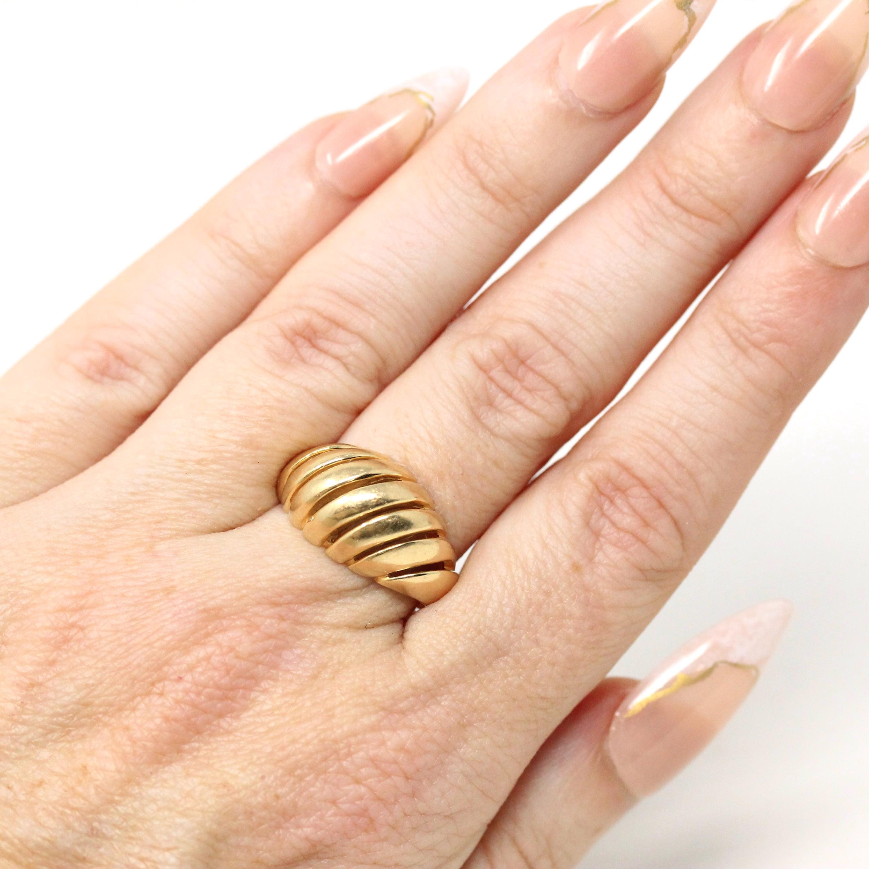 Estate Croissant Ring - Vintage 14k Yellow Gold Classic Polished Twisted Dome Style - Modern 1990s Size 6 1/2 Shrimp Unisex Fine 90s Jewelry