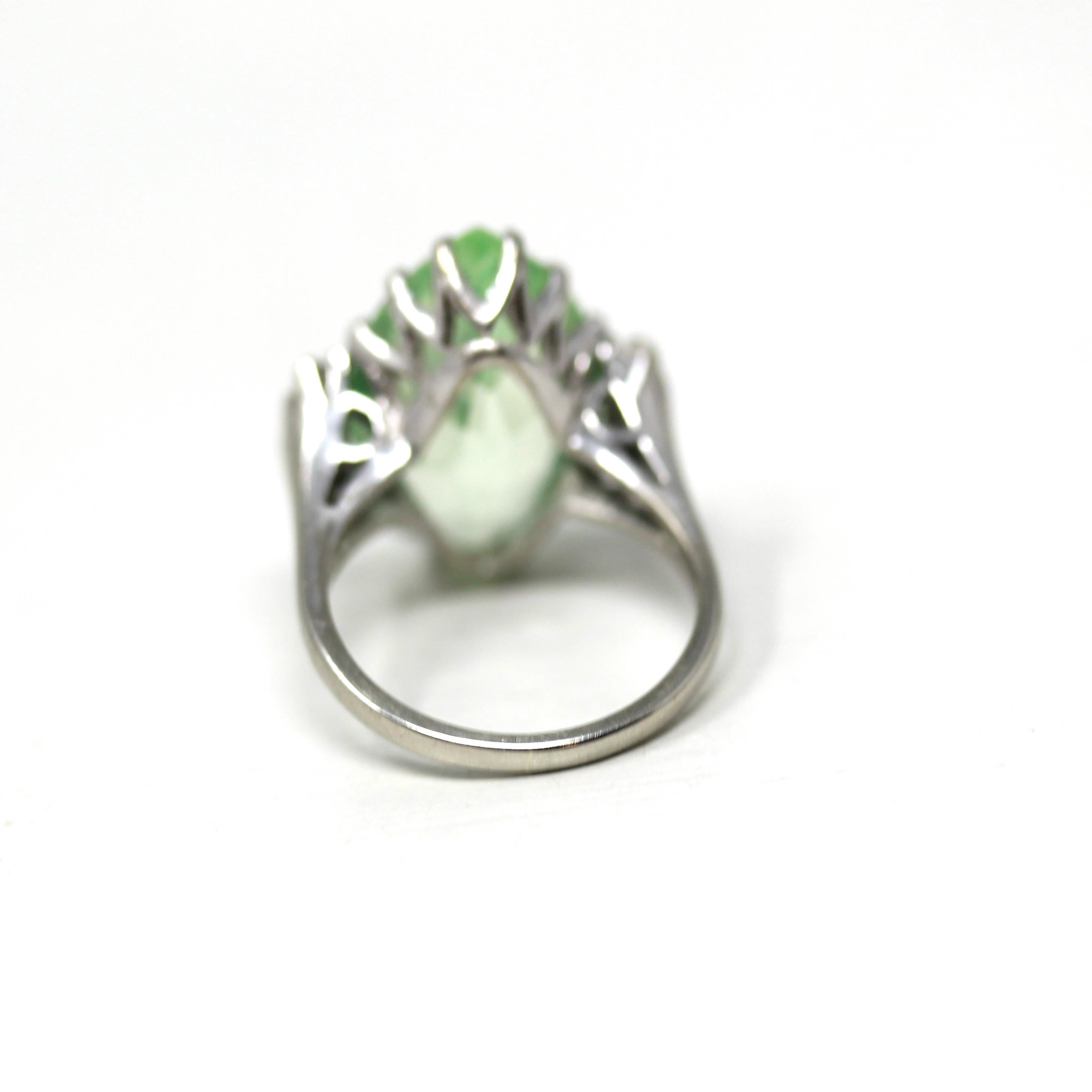 Created Spinel Ring - Retro 10k White Gold Marquise Cut Green Stone - Vintage Circa 1960s Era Size 5 3/4 Fine Statement Cocktail 60s Jewelry