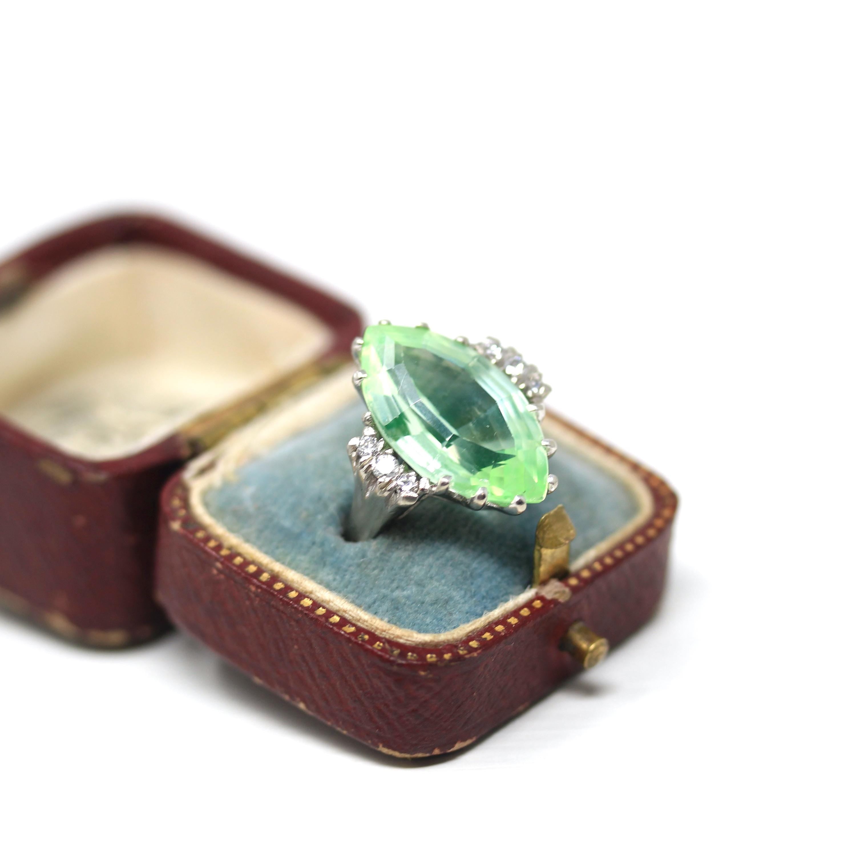 Created Spinel Ring - Retro 10k White Gold Marquise Cut Green Stone - Vintage Circa 1960s Era Size 5 3/4 Fine Statement Cocktail 60s Jewelry