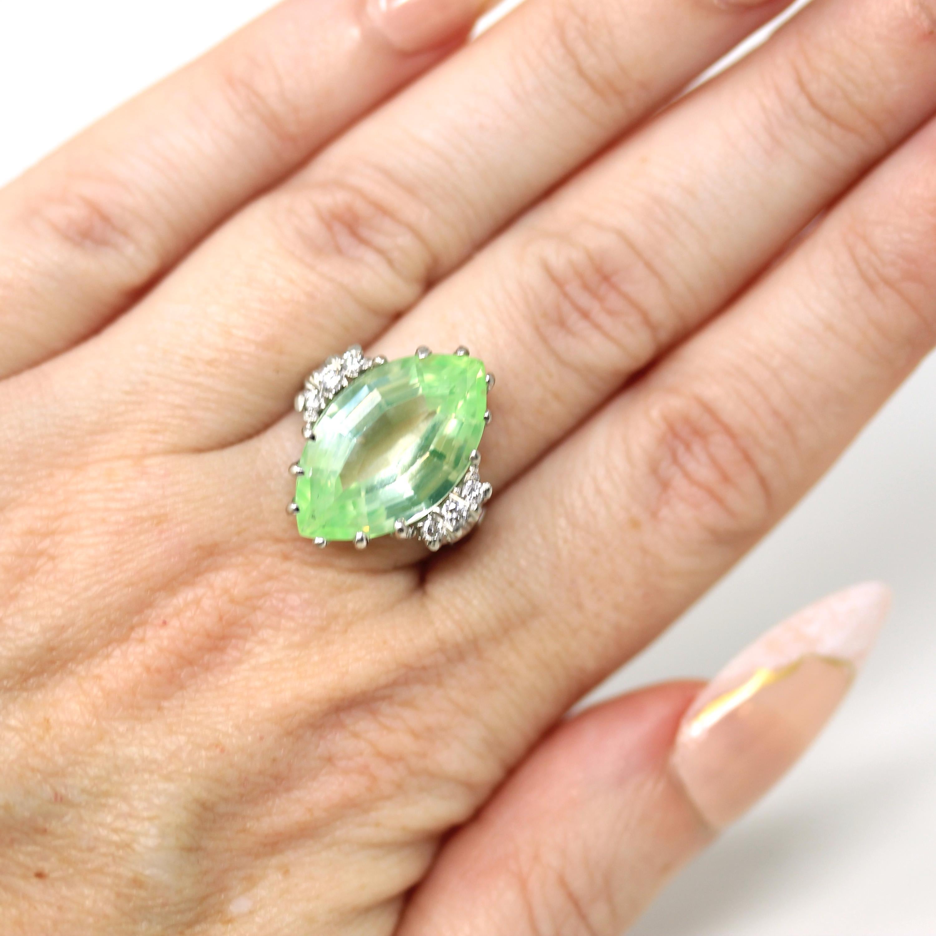 Created Spinel Ring - Retro 10k White Gold Marquise Cut Green Stone - Vintage Circa 1960s Era Size 5 3/4 Fine Statement Cocktail 60s Jewelry