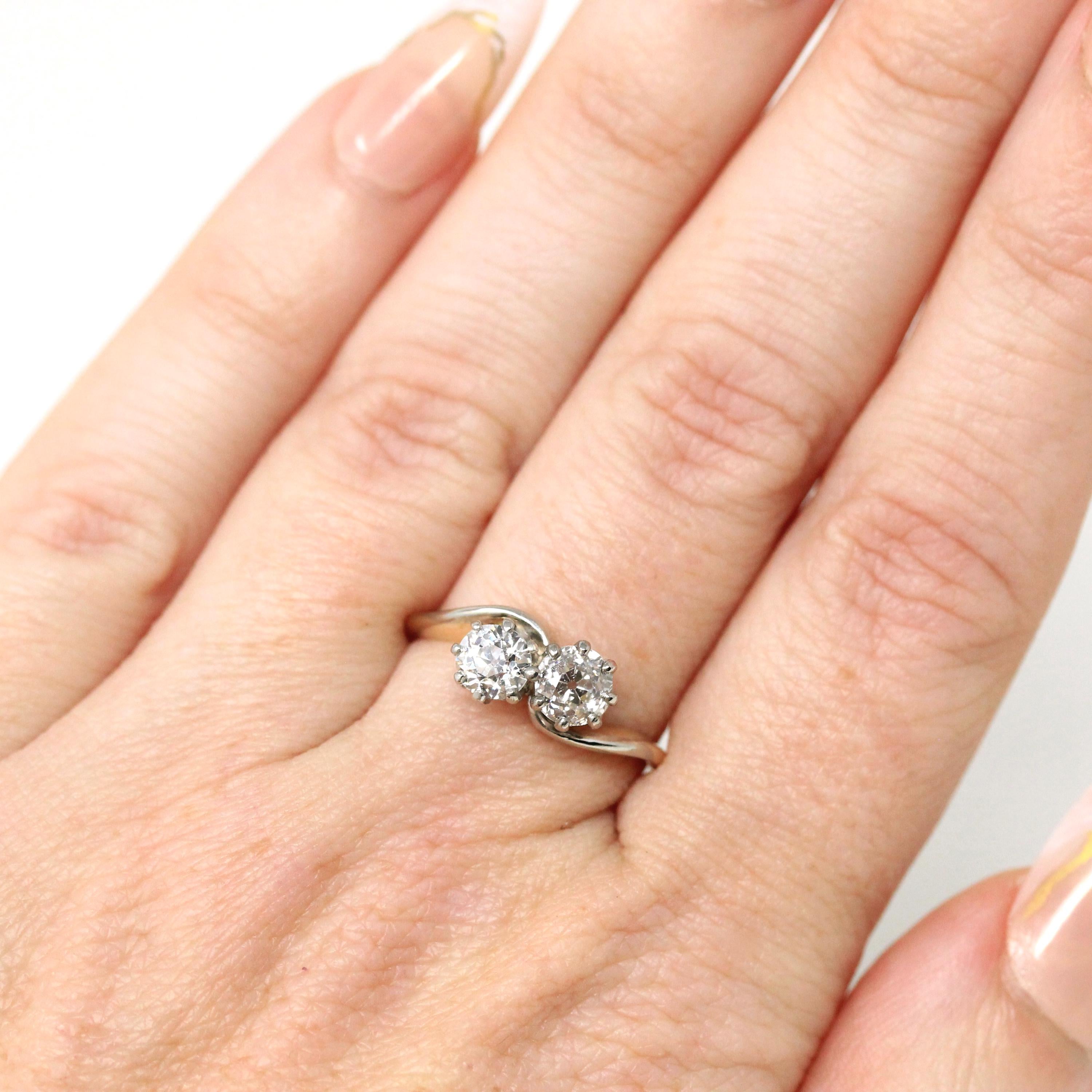Diamond Toi Et Moi Ring - Edwardian 18k Yellow Gold & Platinum 1.00 CTW Bypass Band - Antique Circa 1910s Era Size 5 1/4 Fine Bridal Jewelry