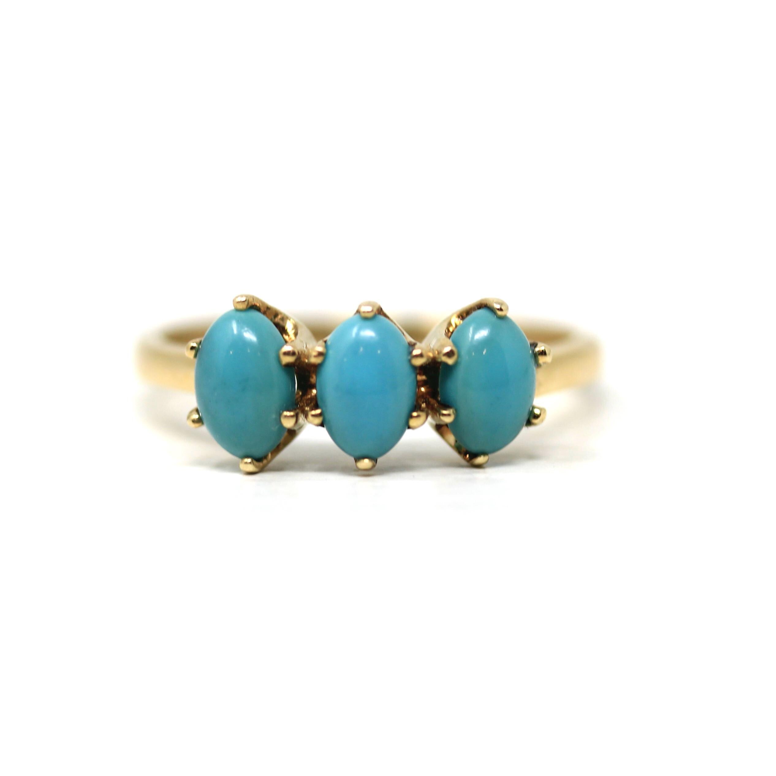 Retro Simulated Turquoise Ring - Vintage 10k Yellow Gold Blue Cabochon Three Stone Band - Circa 1970s Era Size 6 3/4 Fine Cabochon Jewelry