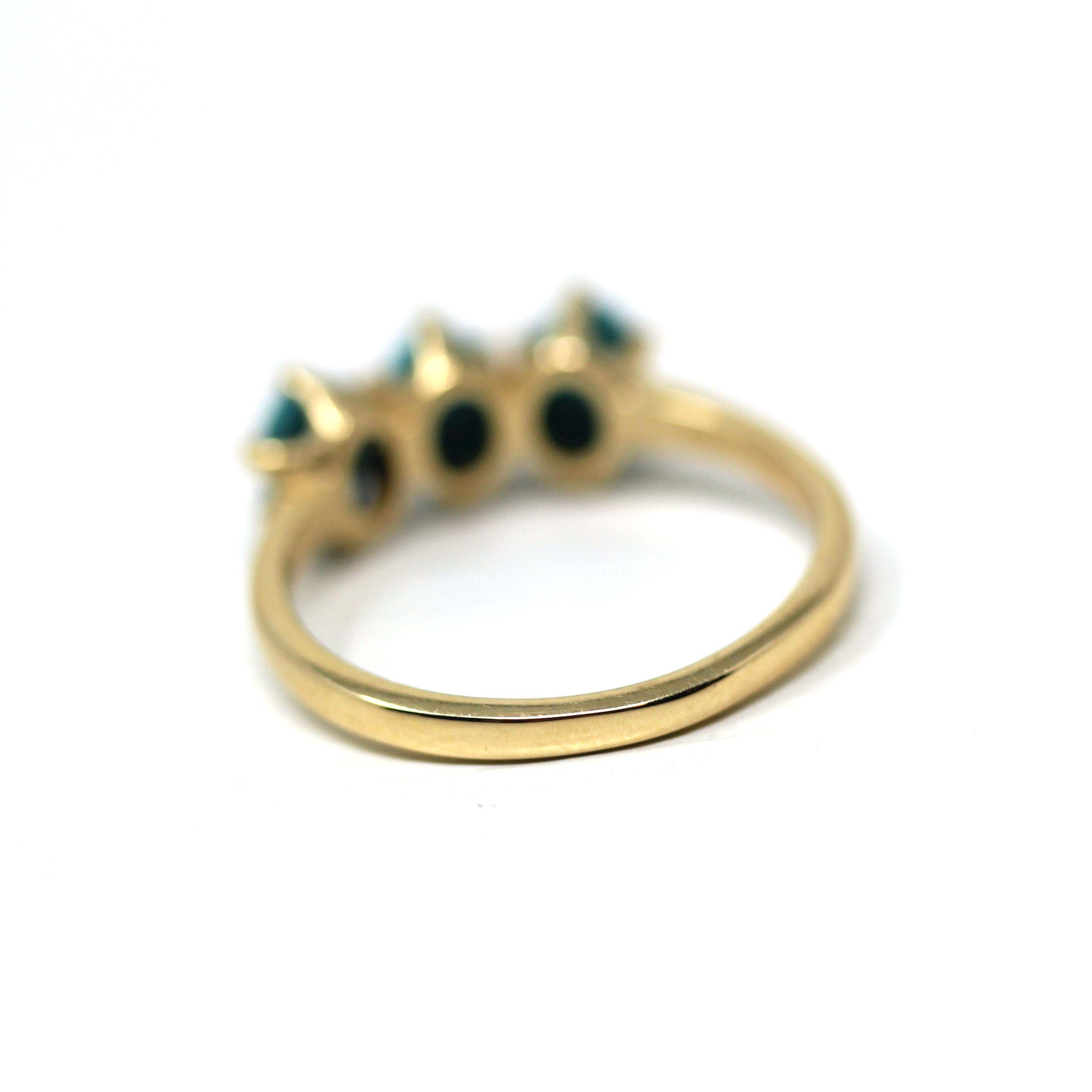 Retro Simulated Turquoise Ring - Vintage 10k Yellow Gold Blue Cabochon Three Stone Band - Circa 1970s Era Size 6 3/4 Fine Cabochon Jewelry