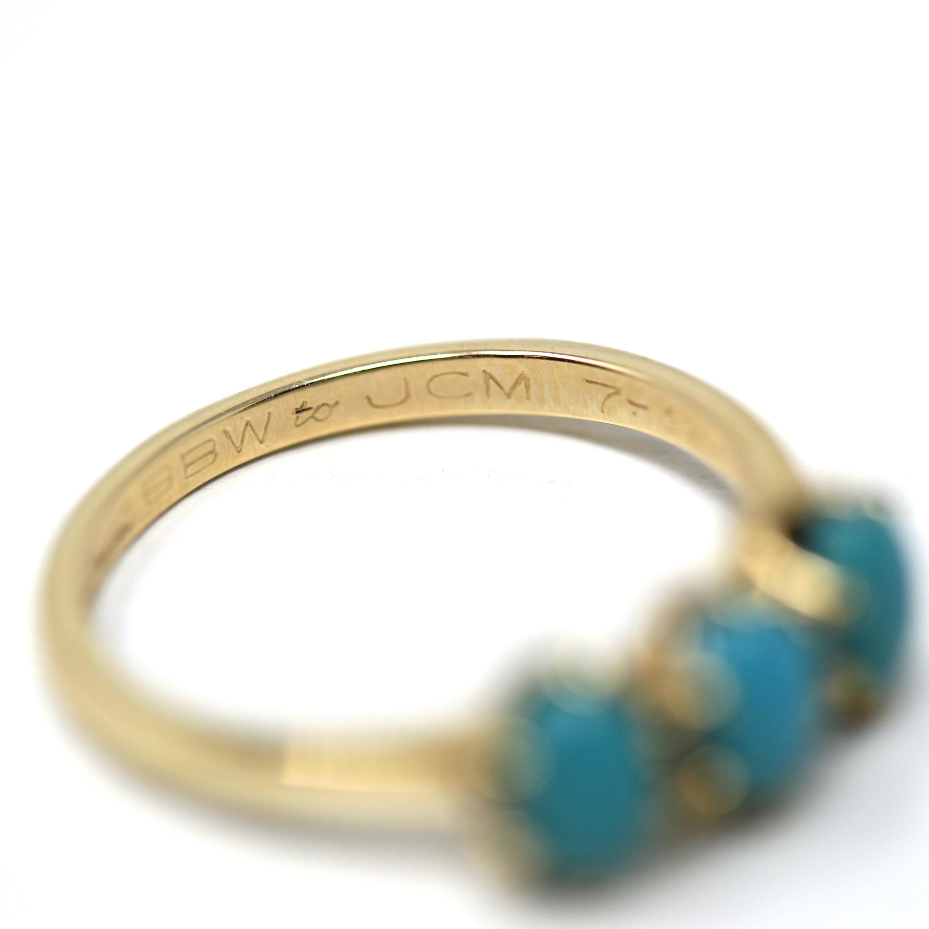 Retro Simulated Turquoise Ring - Vintage 10k Yellow Gold Blue Cabochon Three Stone Band - Circa 1970s Era Size 6 3/4 Fine Cabochon Jewelry