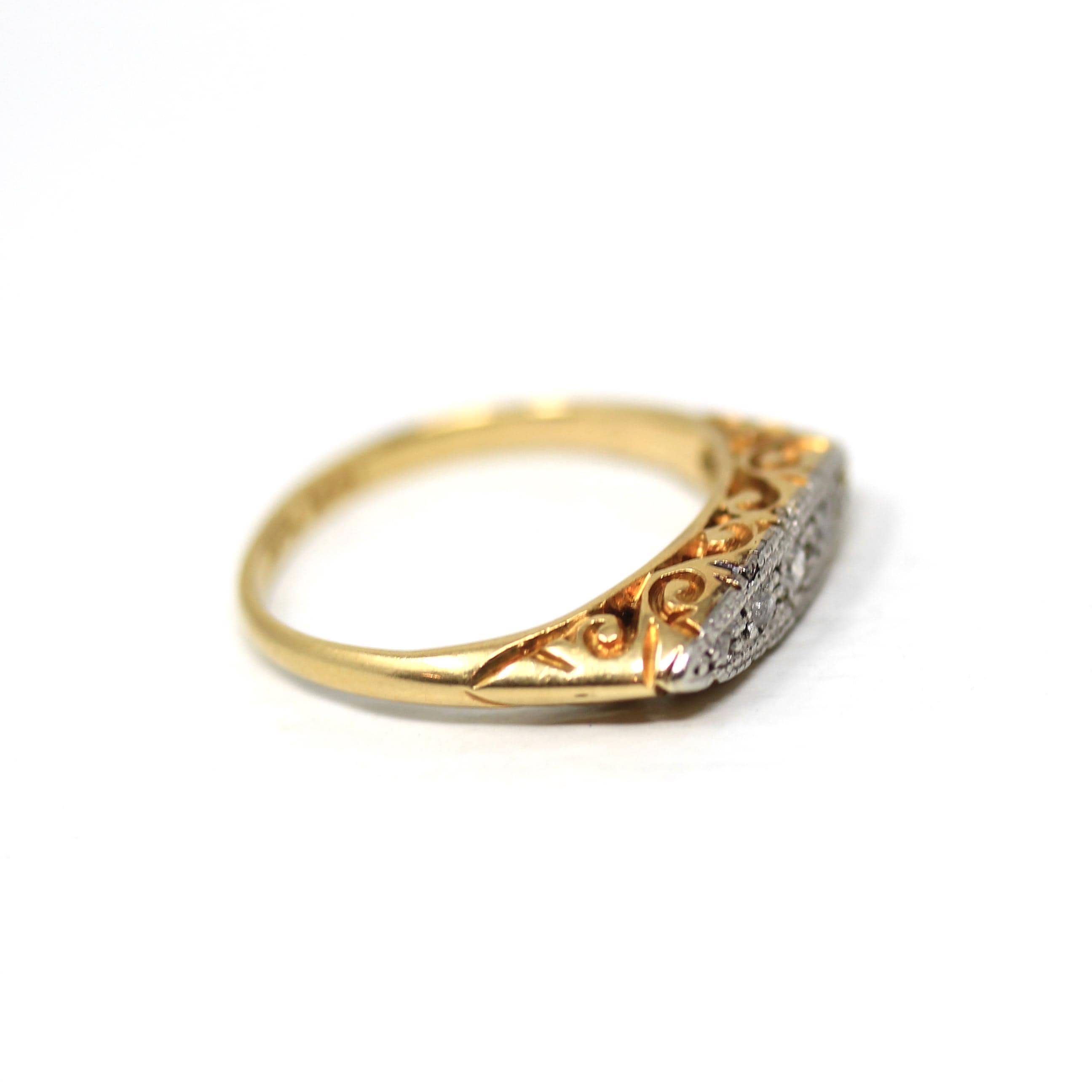 Antique Diamond Band - Edwardian 18k Yellow Gold & Platinum Genuine Natural Gemstones - Vintage 1910s Five Stone Ring Size 6 Fine Jewelry