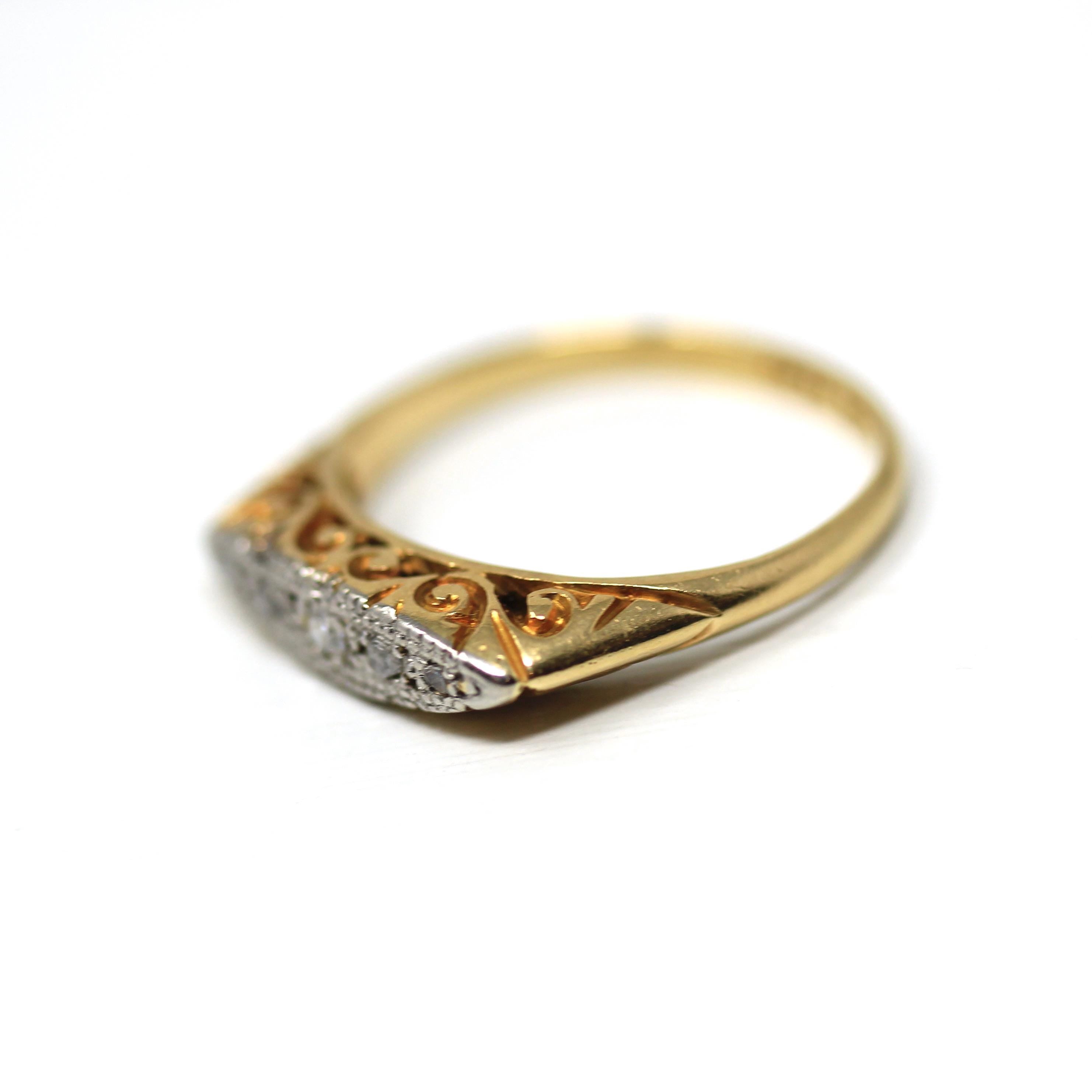 Antique Diamond Band - Edwardian 18k Yellow Gold & Platinum Genuine Natural Gemstones - Vintage 1910s Five Stone Ring Size 6 Fine Jewelry