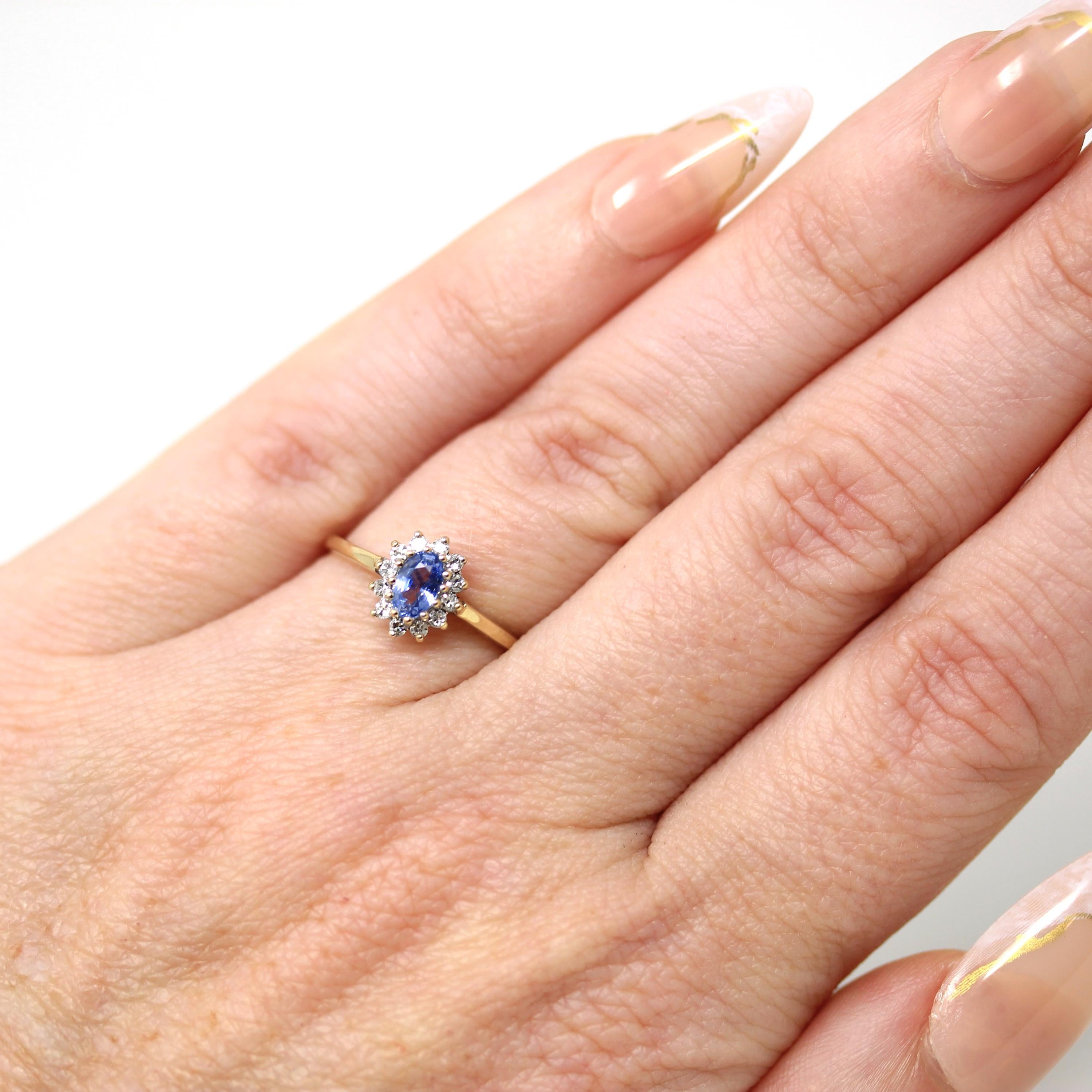 Sapphire & Diamond Halo Ring - Estate 9k Yellow White Gold Light Blue Gem Cluster - Modern Size 5 Petite Dainty Engagement Y2K Fine Jewelry
