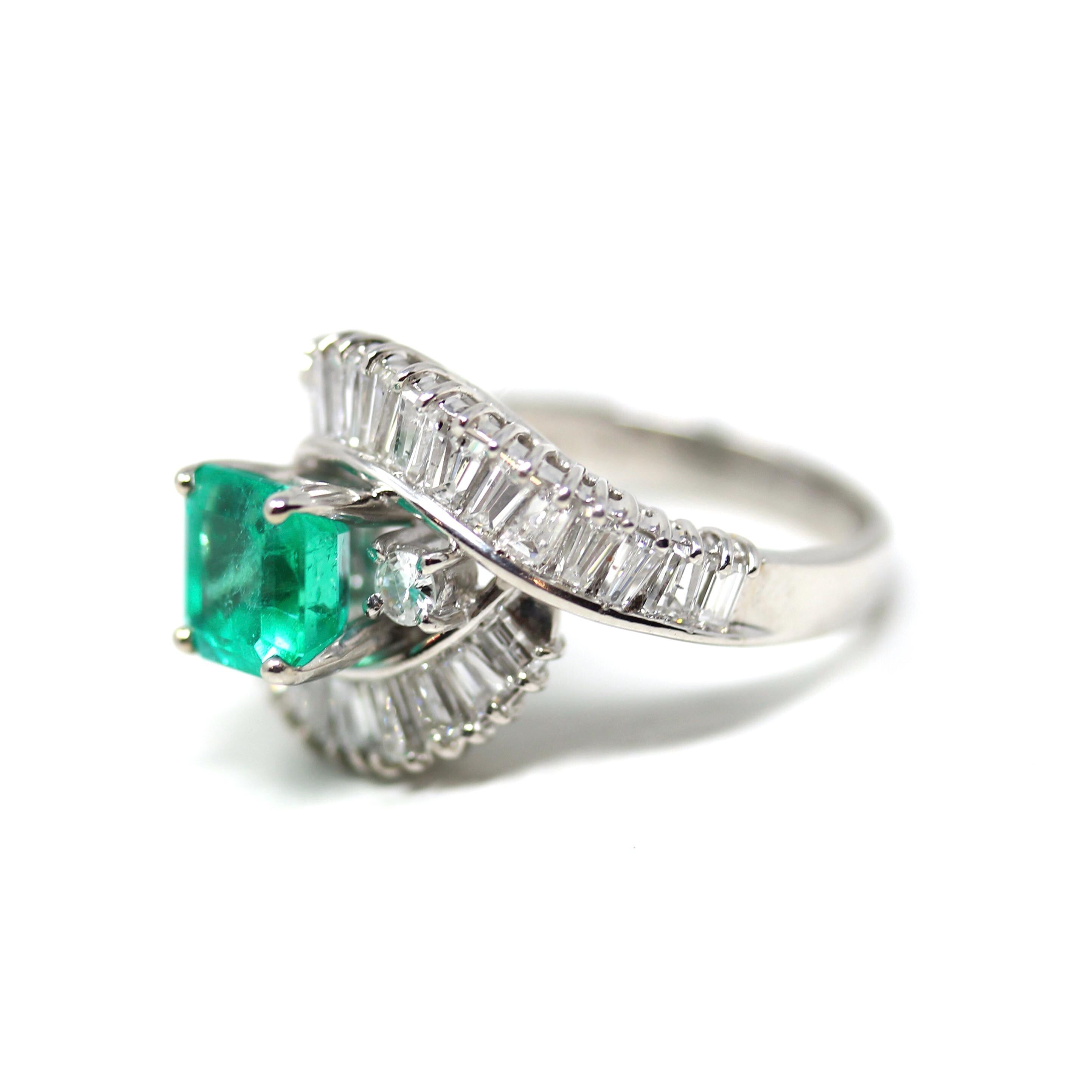 Emerald & Diamond Ring - Estate Platinum 1.68CT Green Square Step Cut Natural Beryl - Vintage Engagement Fine Bypass Baguette Report Jewelry