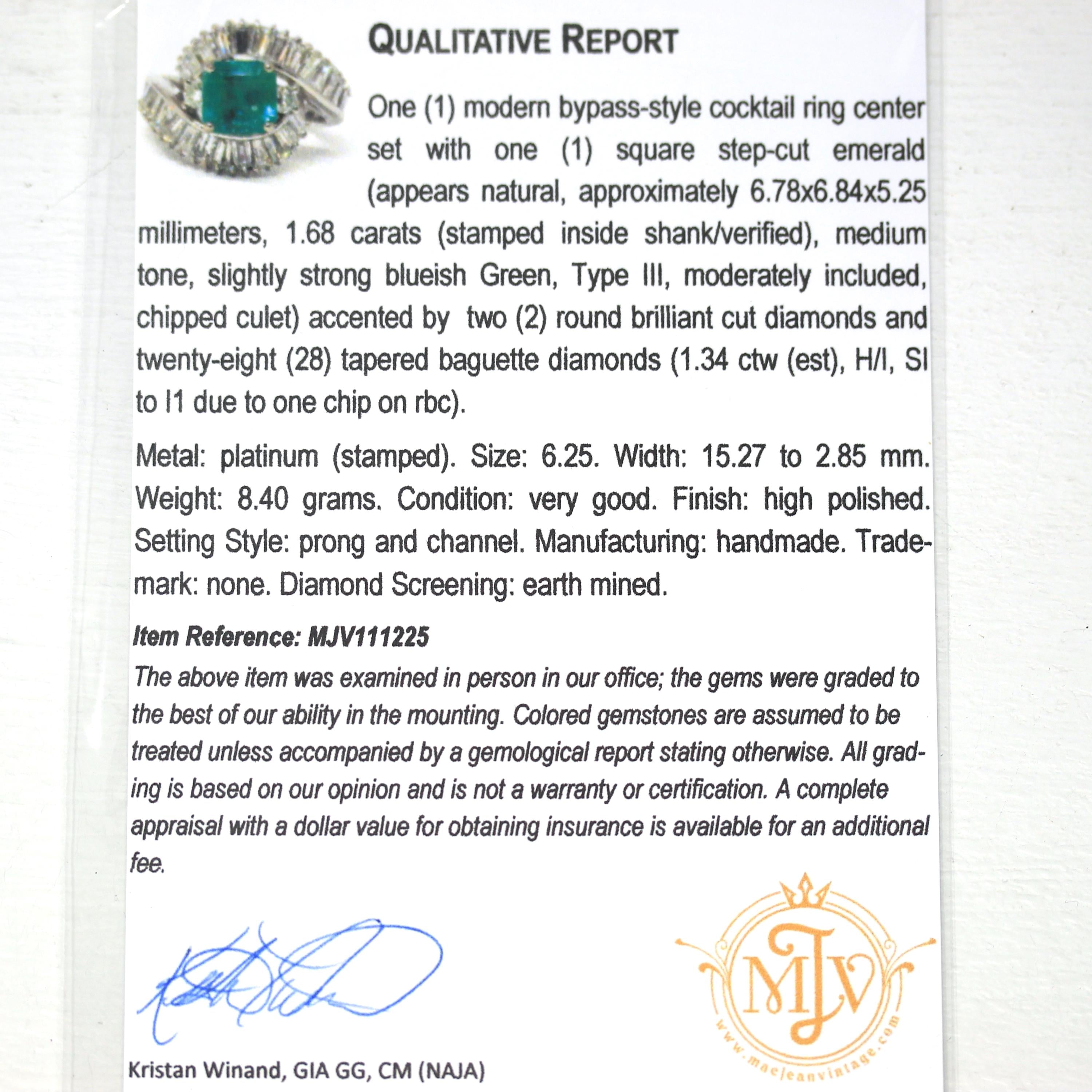 Emerald & Diamond Ring - Estate Platinum 1.68CT Green Square Step Cut Natural Beryl - Vintage Engagement Fine Bypass Baguette Report Jewelry