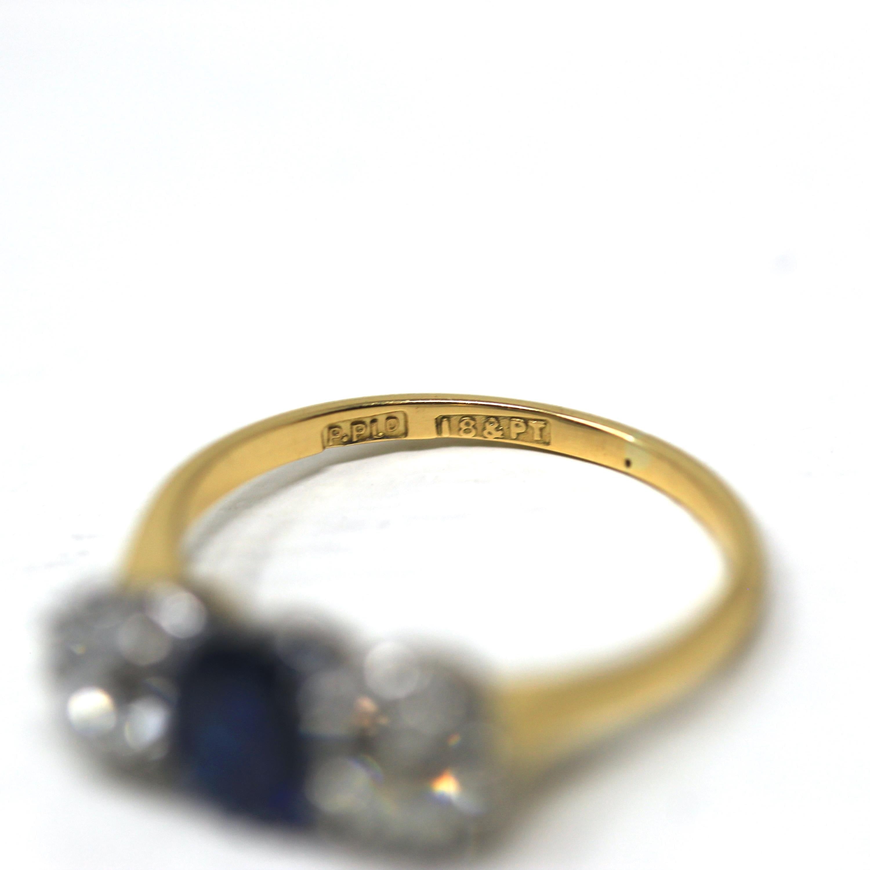 Antique Edwardian Ring - Circa 1910s 18k Yellow Gold & Platinum Old Mine Cut Diamonds Natural Blue Sapphire - Size 5.75 Fine Report Jewelry
