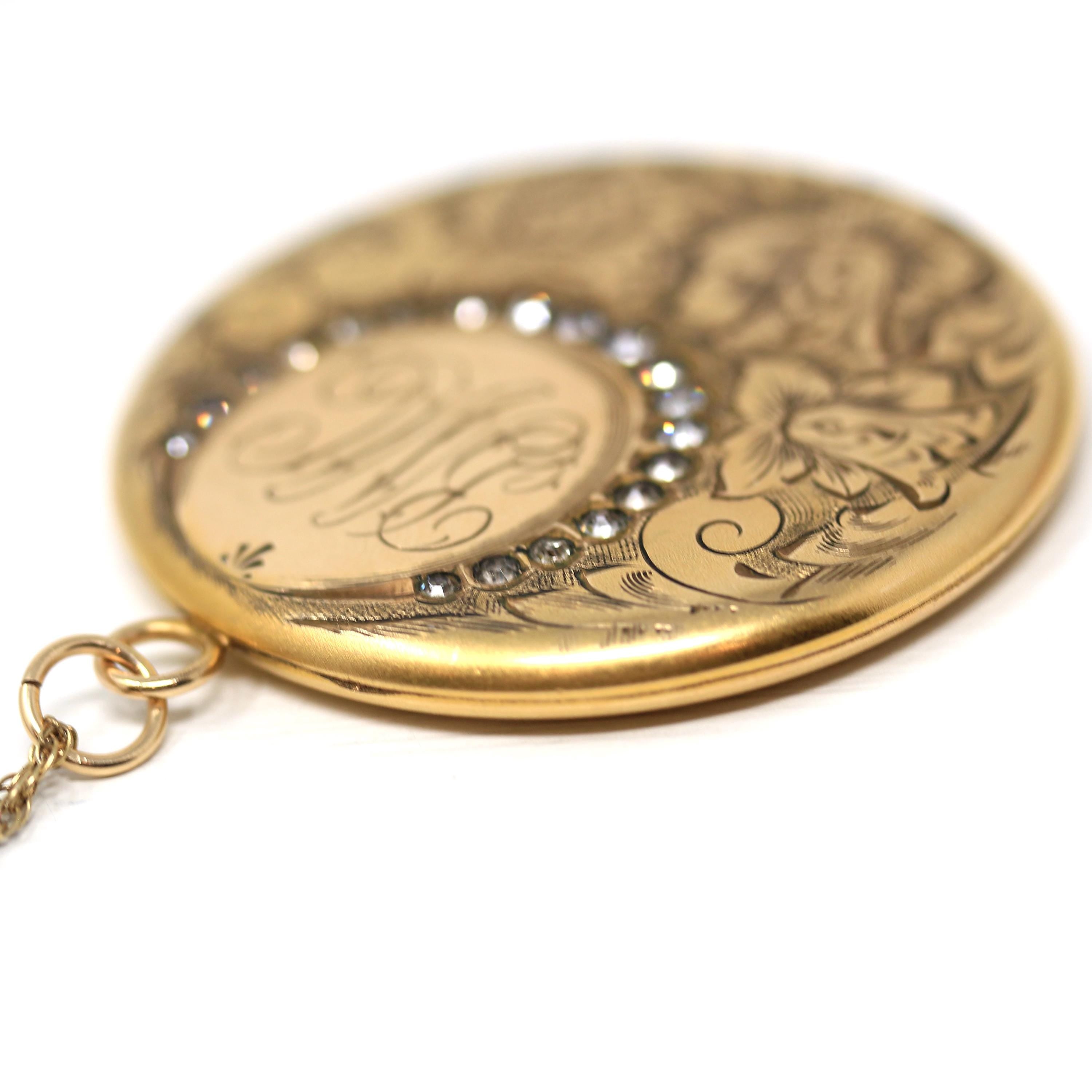 Antique Flower Locket - Edwardian Era Gold Filled Rhinestone Pendant Necklace - Circa 1910s Round Engraved Photograph Statement Fine Jewelry