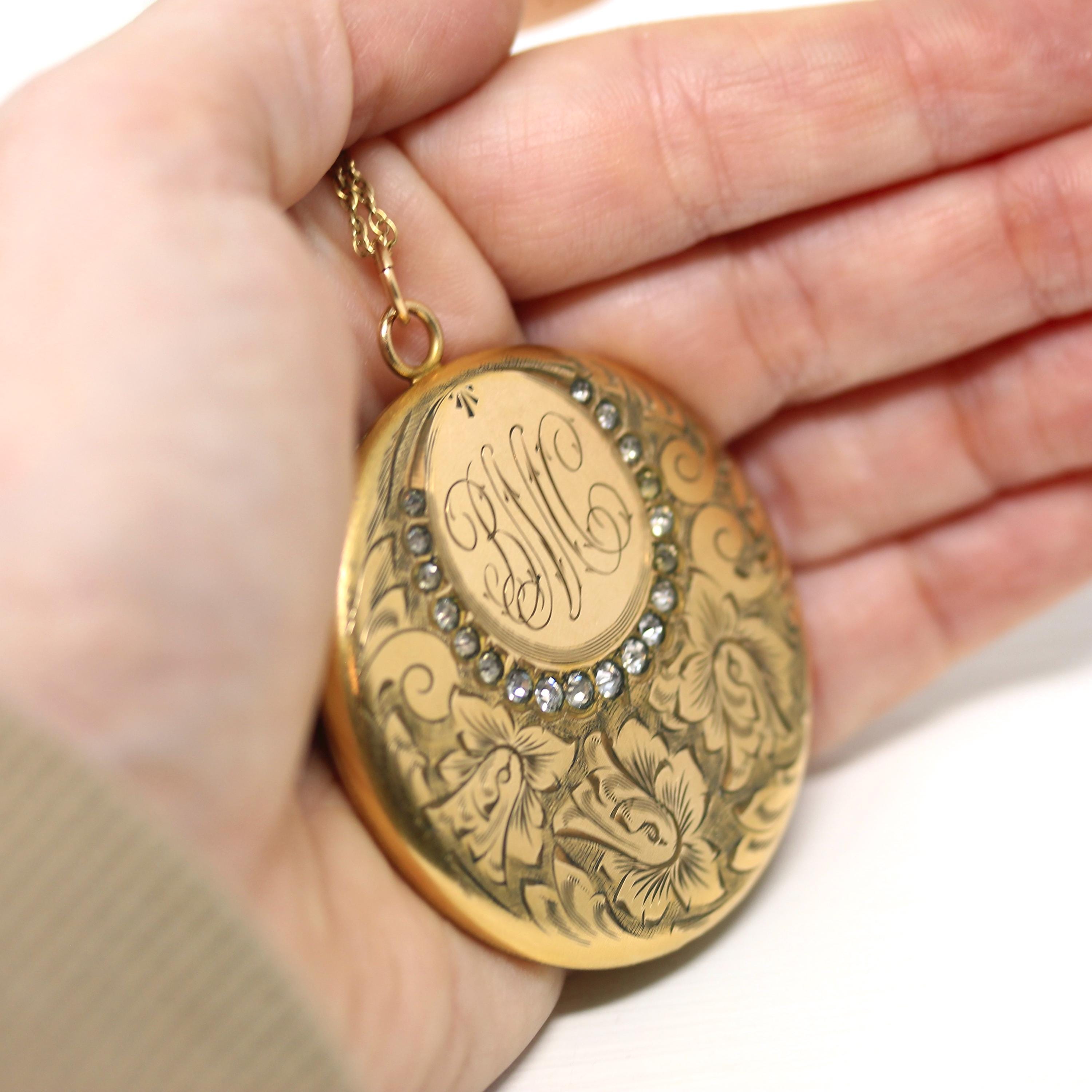 Antique Flower Locket - Edwardian Era Gold Filled Rhinestone Pendant Necklace - Circa 1910s Round Engraved Photograph Statement Fine Jewelry