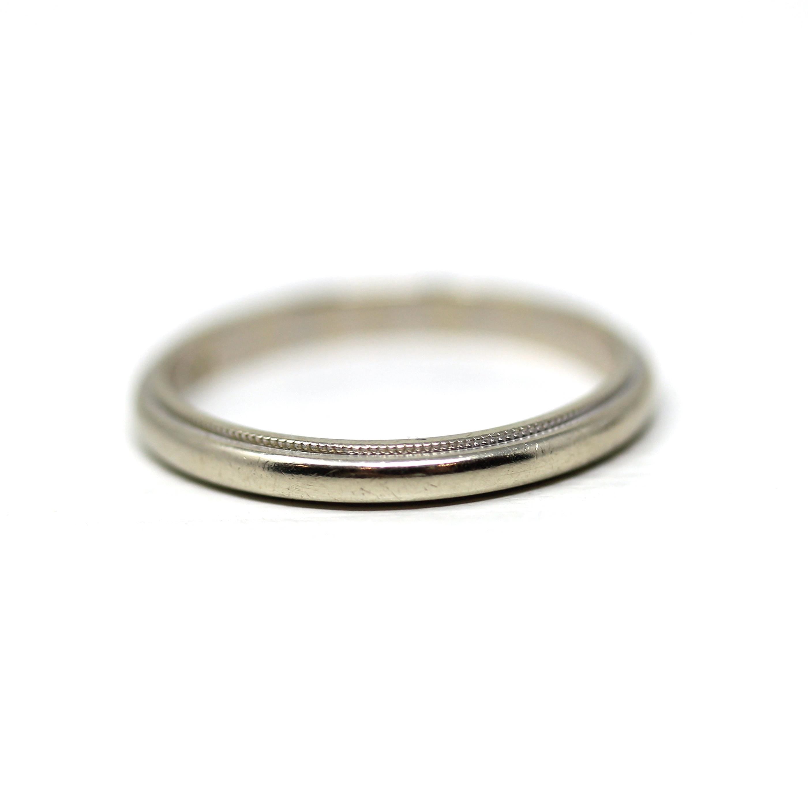 Vintage Wedding Band - Mid Century 14k White Gold Milgrain Plain Stacking Ring with Inscription - Dated 1954 Size 5 1/2 Fine Bridal Jewelry