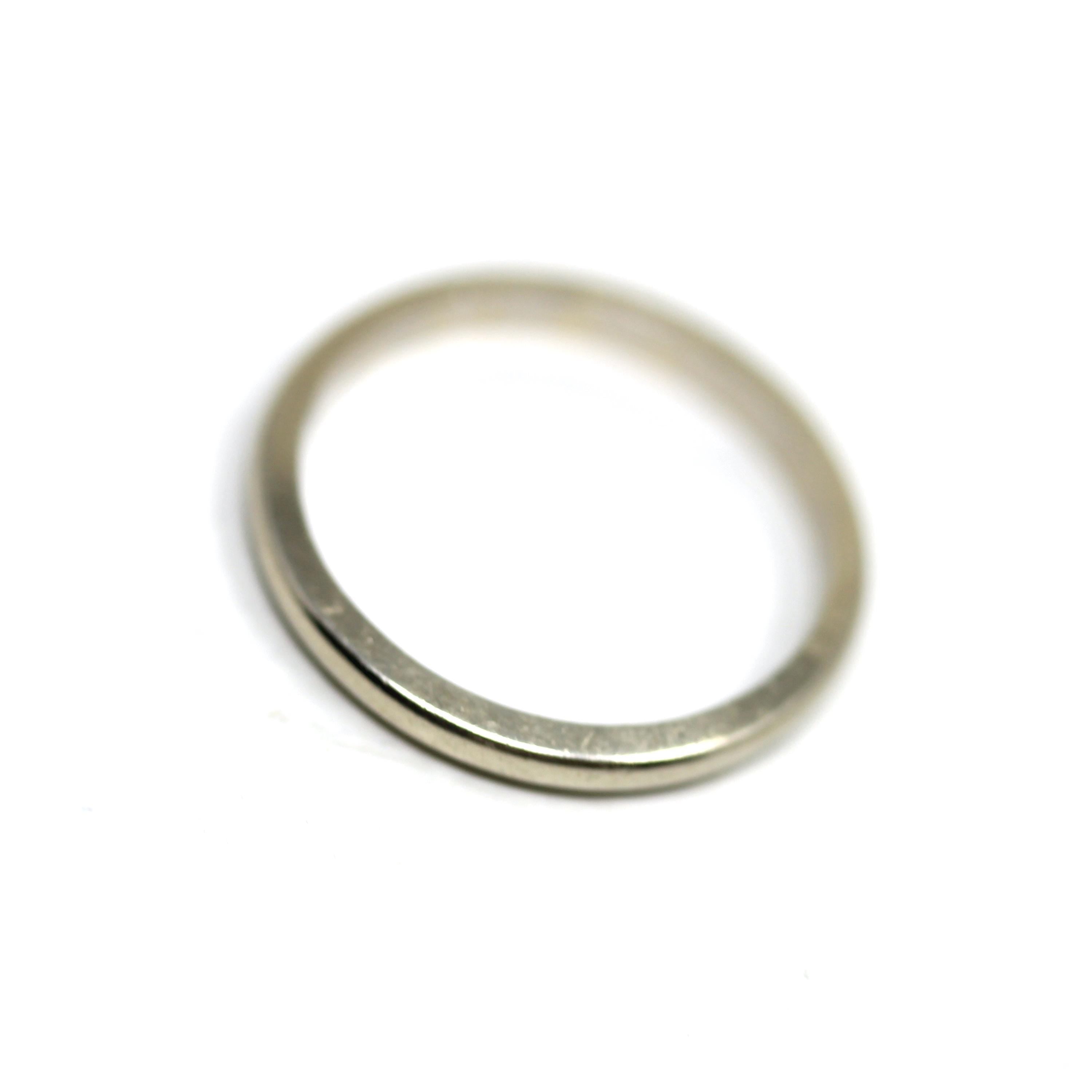 Vintage Wedding Band - Mid Century 14k White Gold Milgrain Plain Stacking Ring with Inscription - Dated 1954 Size 5 1/2 Fine Bridal Jewelry