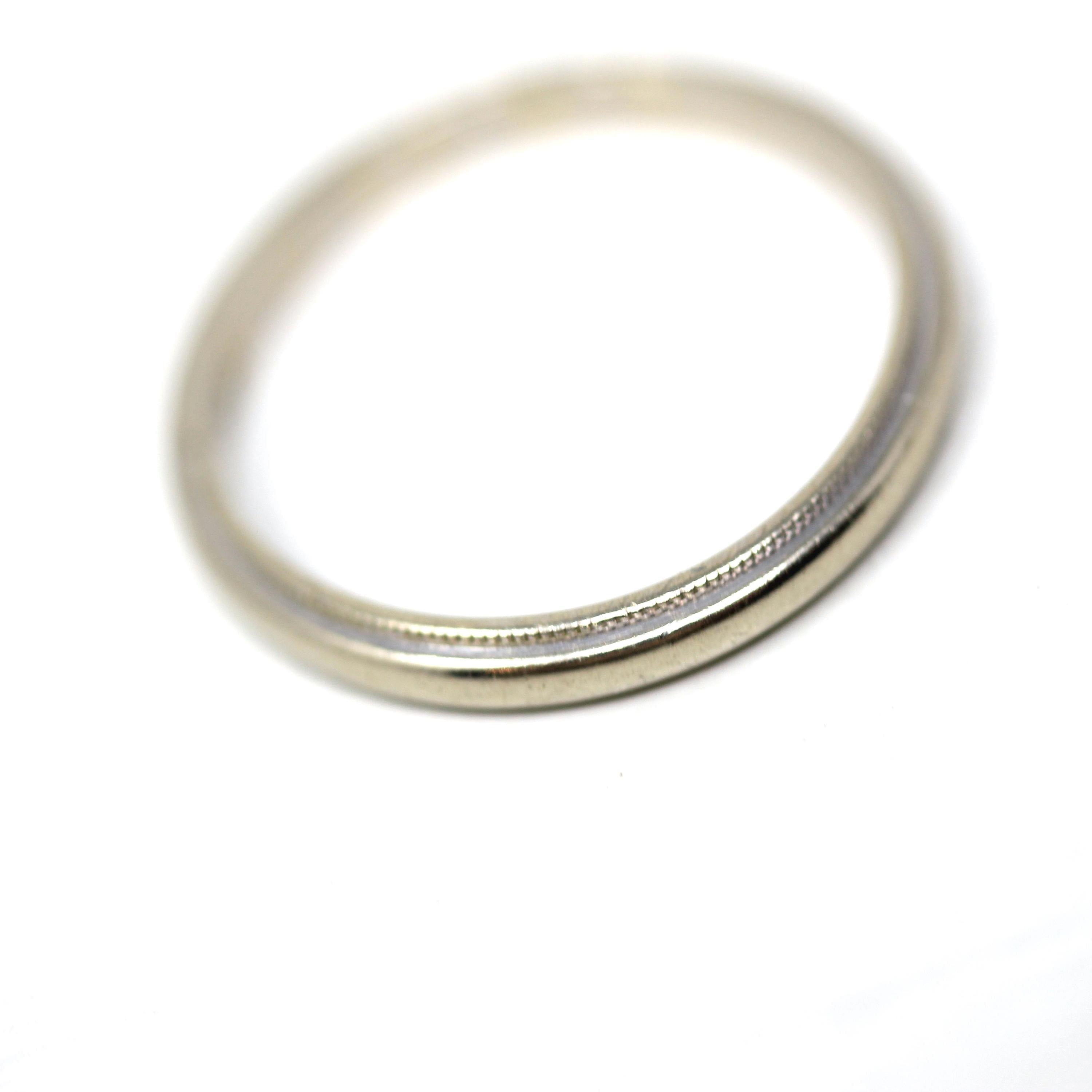 Vintage Wedding Band - Mid Century 14k White Gold Milgrain Plain Stacking Ring with Inscription - Dated 1954 Size 5 1/2 Fine Bridal Jewelry