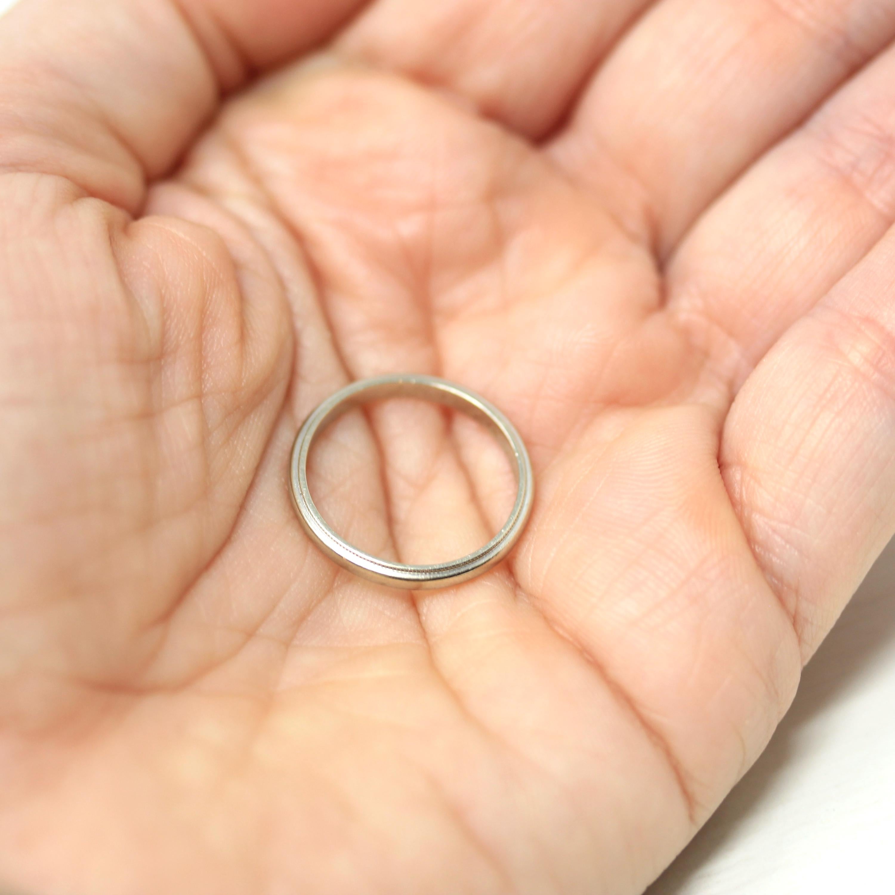 Vintage Wedding Band - Mid Century 14k White Gold Milgrain Plain Stacking Ring with Inscription - Dated 1954 Size 5 1/2 Fine Bridal Jewelry