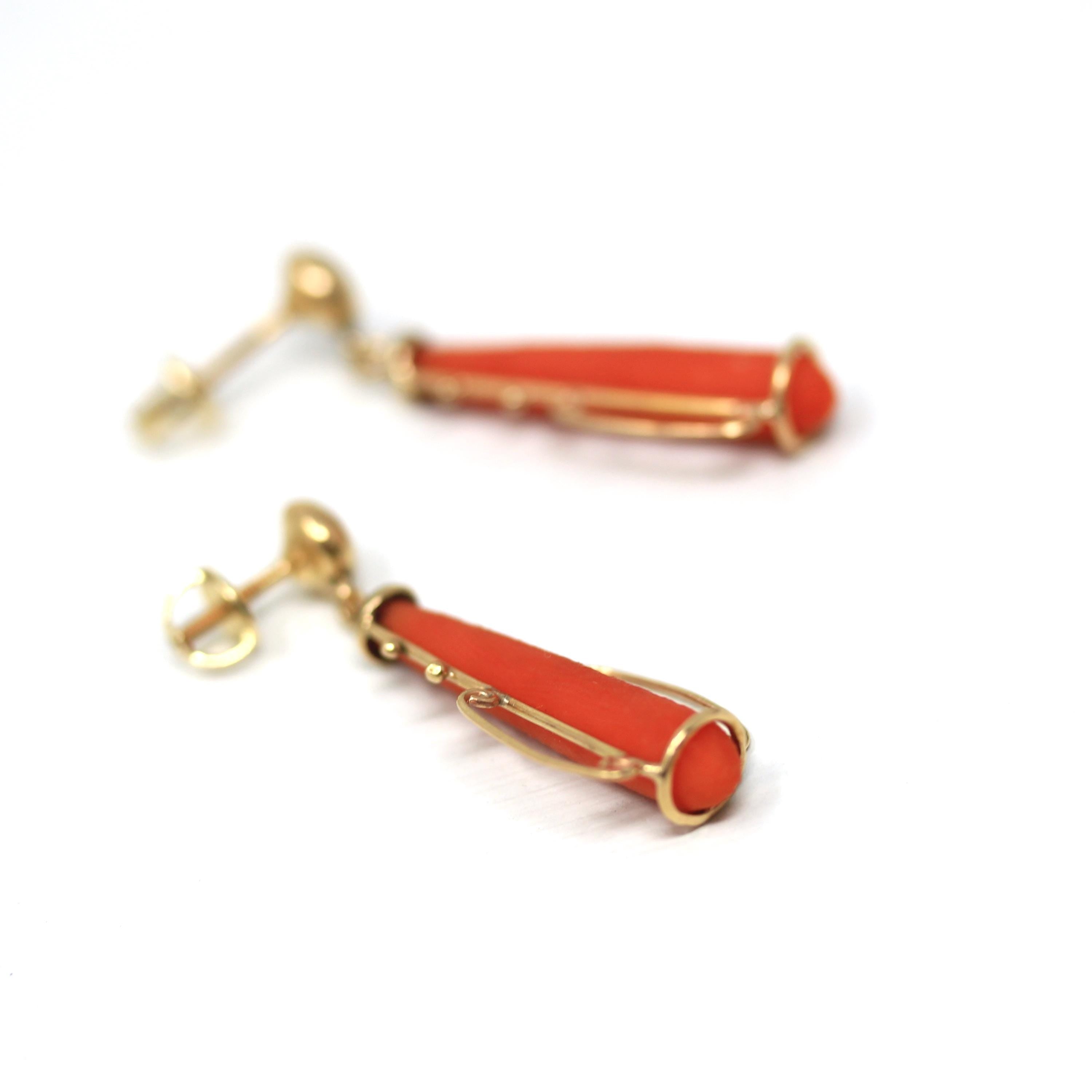 Victorian Coral Earrings - Antique 14k Yellow Cold Natural Calcareous Gemstone Drops - Circa 1890s Era Pierced Fine Etruscan Revival Jewelry