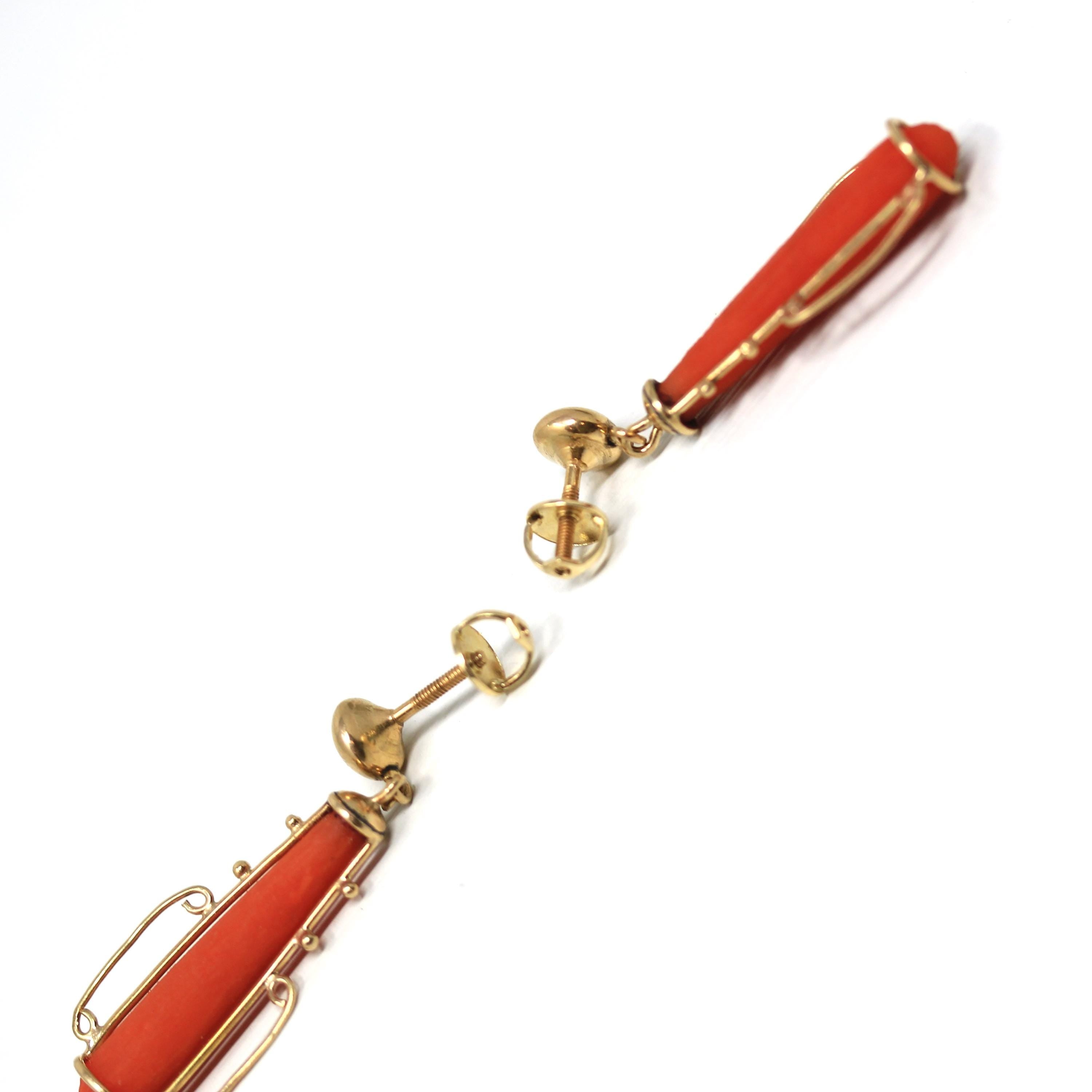 Victorian Coral Earrings - Antique 14k Yellow Cold Natural Calcareous Gemstone Drops - Circa 1890s Era Pierced Fine Etruscan Revival Jewelry