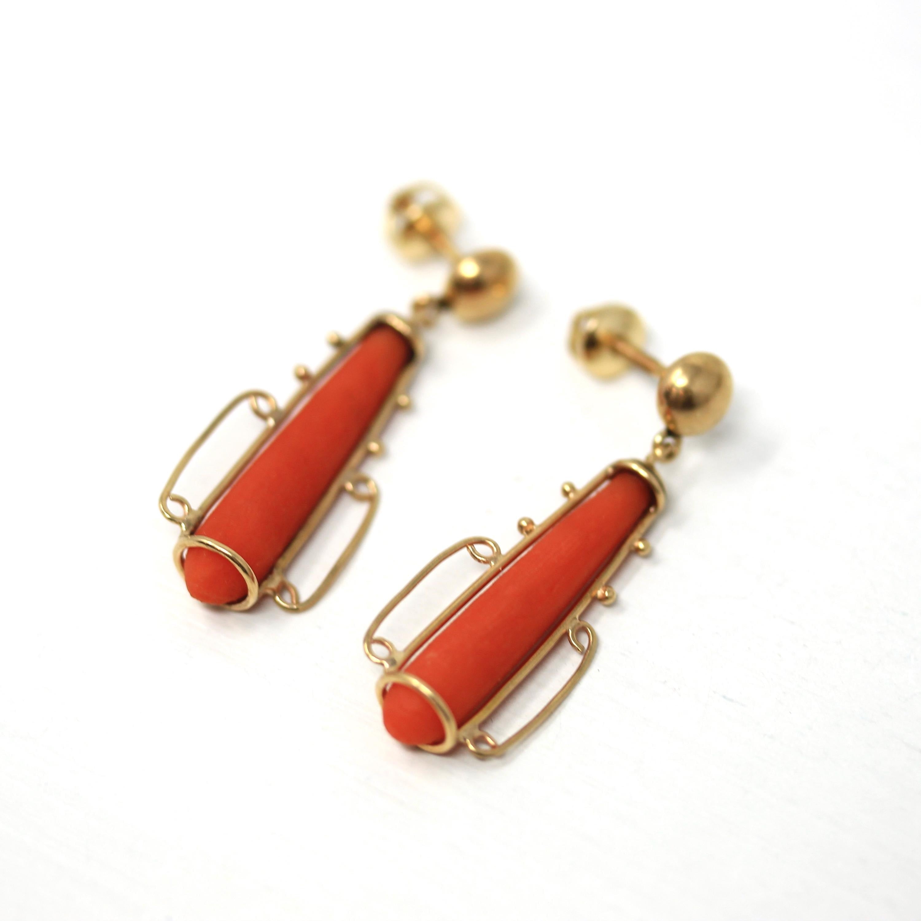 Victorian Coral Earrings - Antique 14k Yellow Cold Natural Calcareous Gemstone Drops - Circa 1890s Era Pierced Fine Etruscan Revival Jewelry