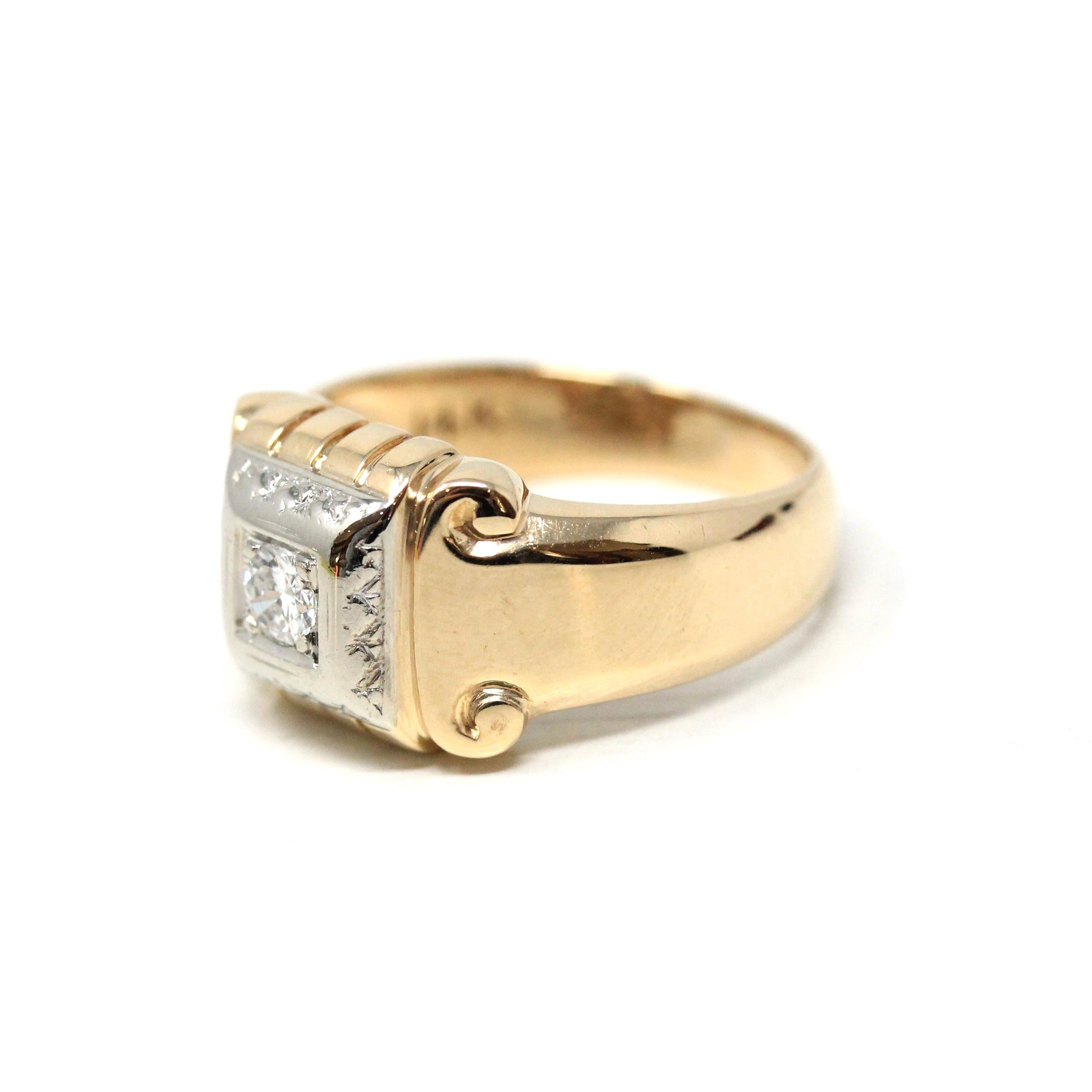 Vintage Diamond Ring - Retro 14k Yellow & White Gold .20 CT Unisex Men's Band - Circa 1940s Era Size 8 1/4 Two Tone Engagement Fine Jewelry