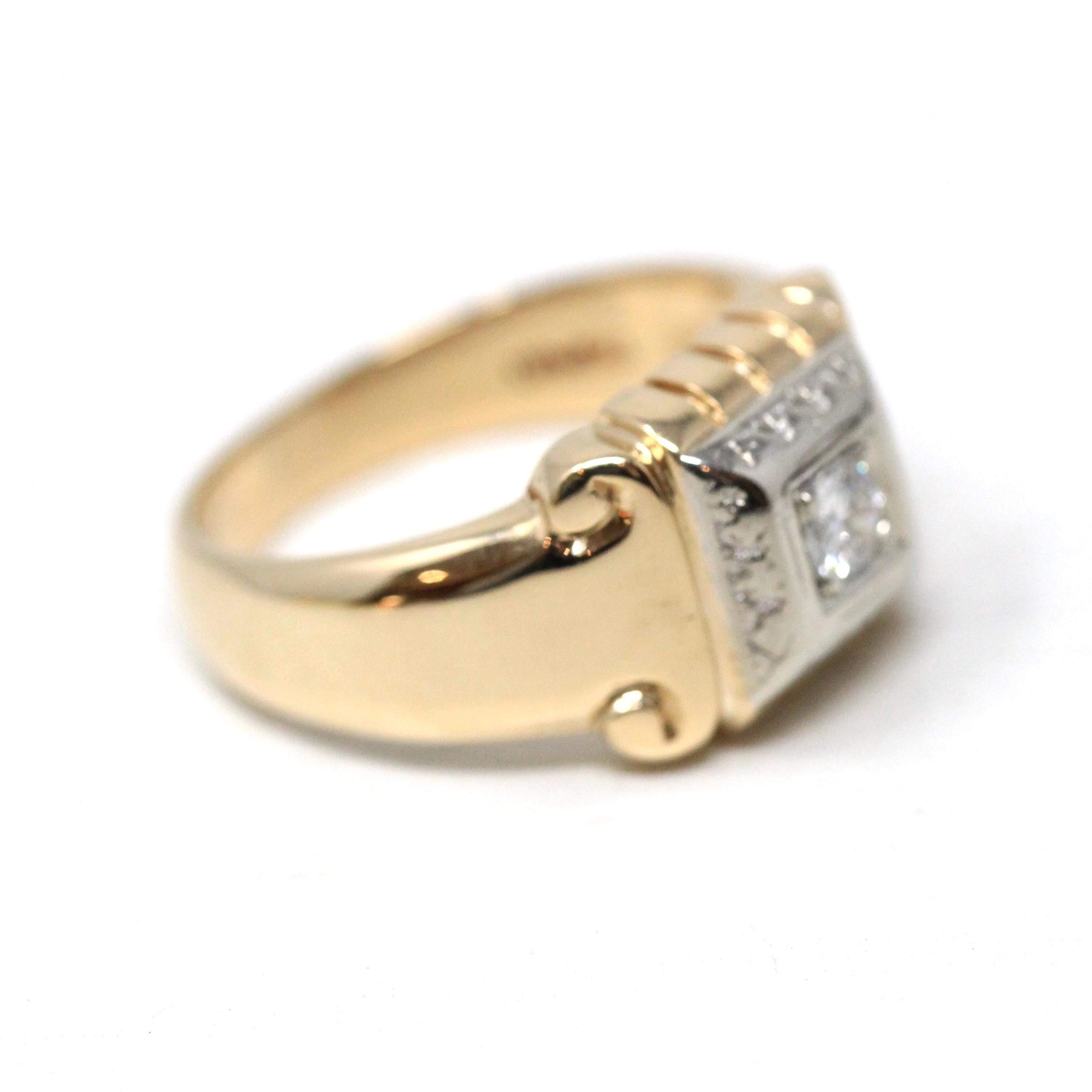 Vintage Diamond Ring - Retro 14k Yellow & White Gold .20 CT Unisex Men's Band - Circa 1940s Era Size 8 1/4 Two Tone Engagement Fine Jewelry