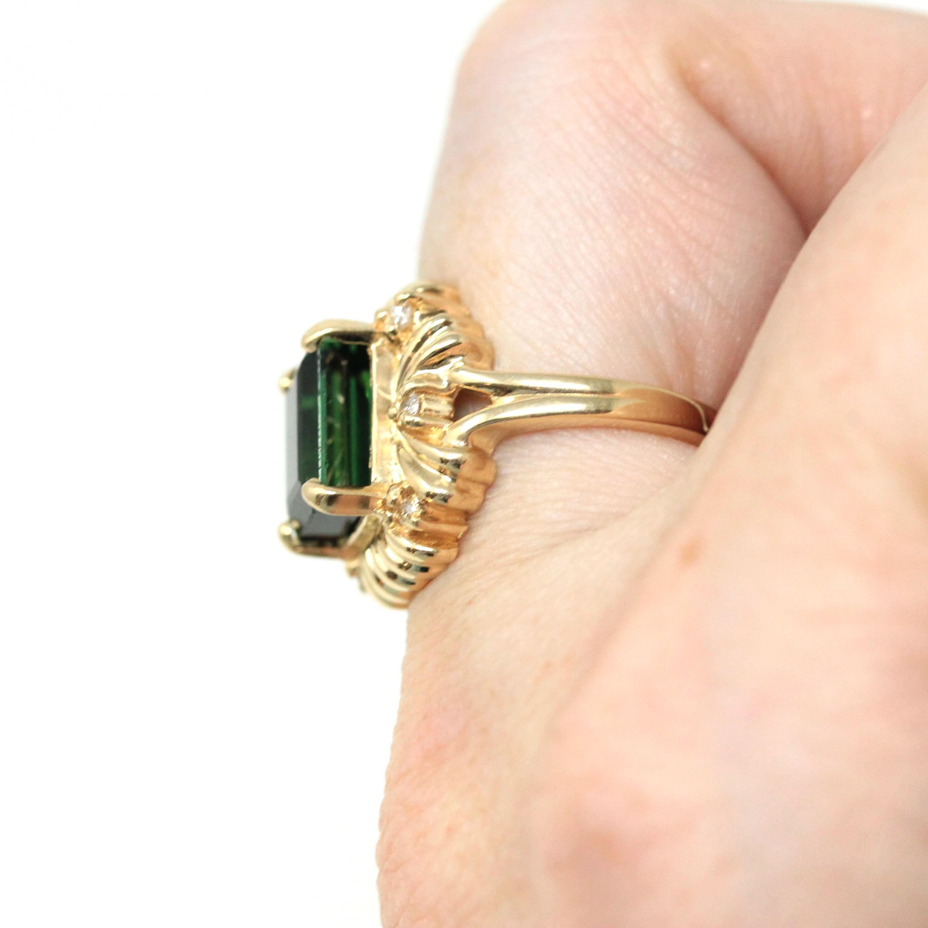Green Tourmaline Ring - Modern 14k Yellow Gold Faceted Green 3.00 CT Gemstone Statement - Circa 2000s Diamond Accent October Fine Jewelry